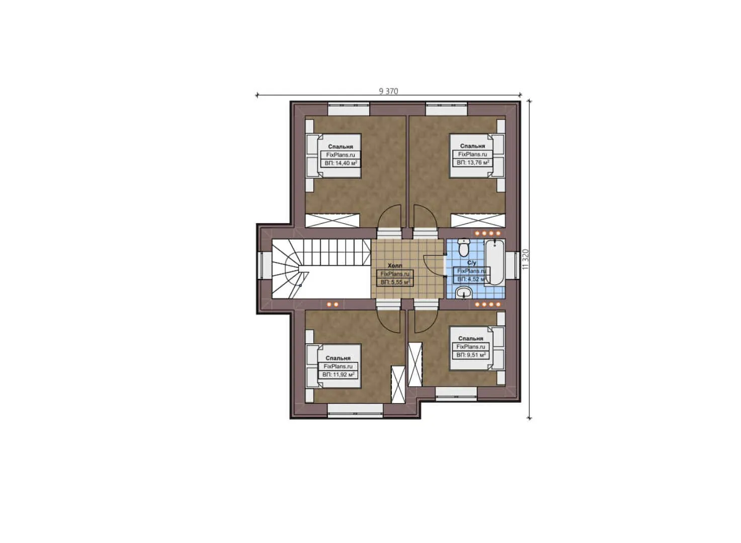 F-2222 - Планы двухэтажного дома 12 на 15, площадью 200 м² с террасой, гаражом на 1 машину и 5 спальнями