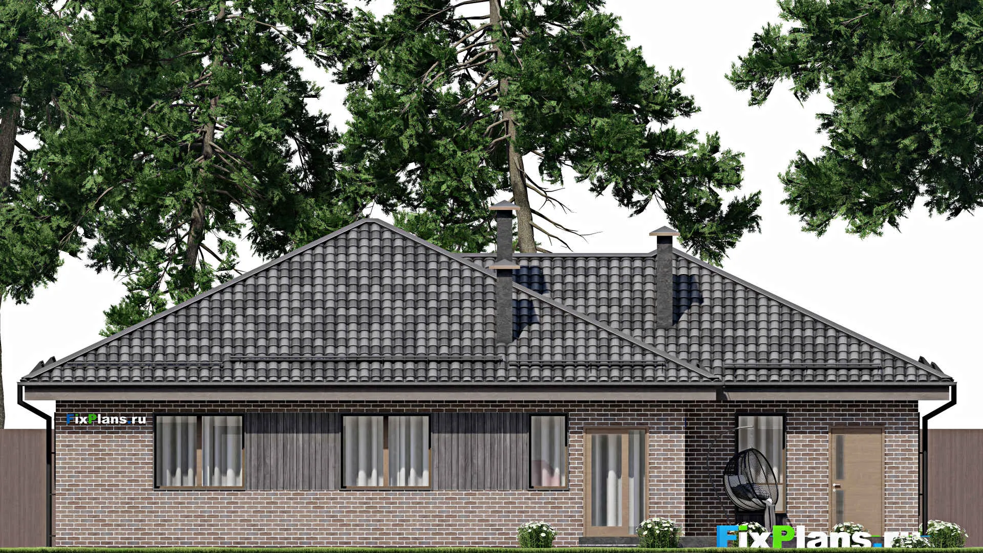 F-6974 - Проект одноэтажного дома 17 на 17, площадью 200 м² с террасой, гаражом на 1 машину и 4 спальнями