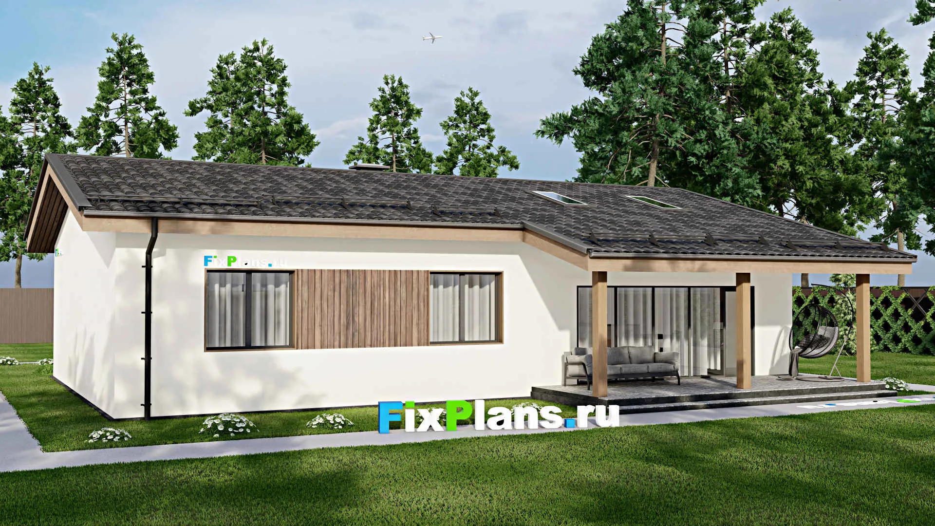 F-5930 - Проект одноэтажного дома 11 на 16, площадью 150 м² с террасой и 3 спальнями