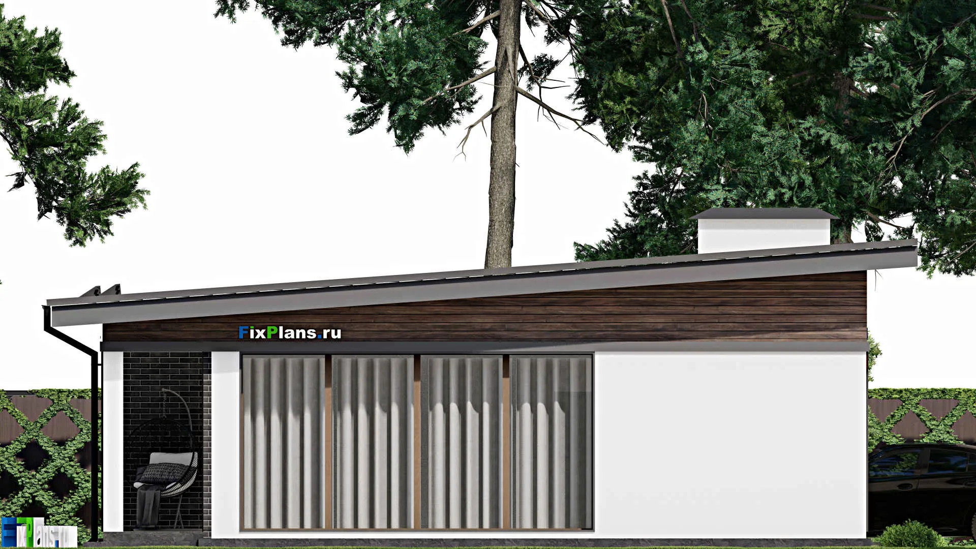 F-7028 - Проект одноэтажного дома 12 на 14, площадью 120 м² с террасой и 3 спальнями