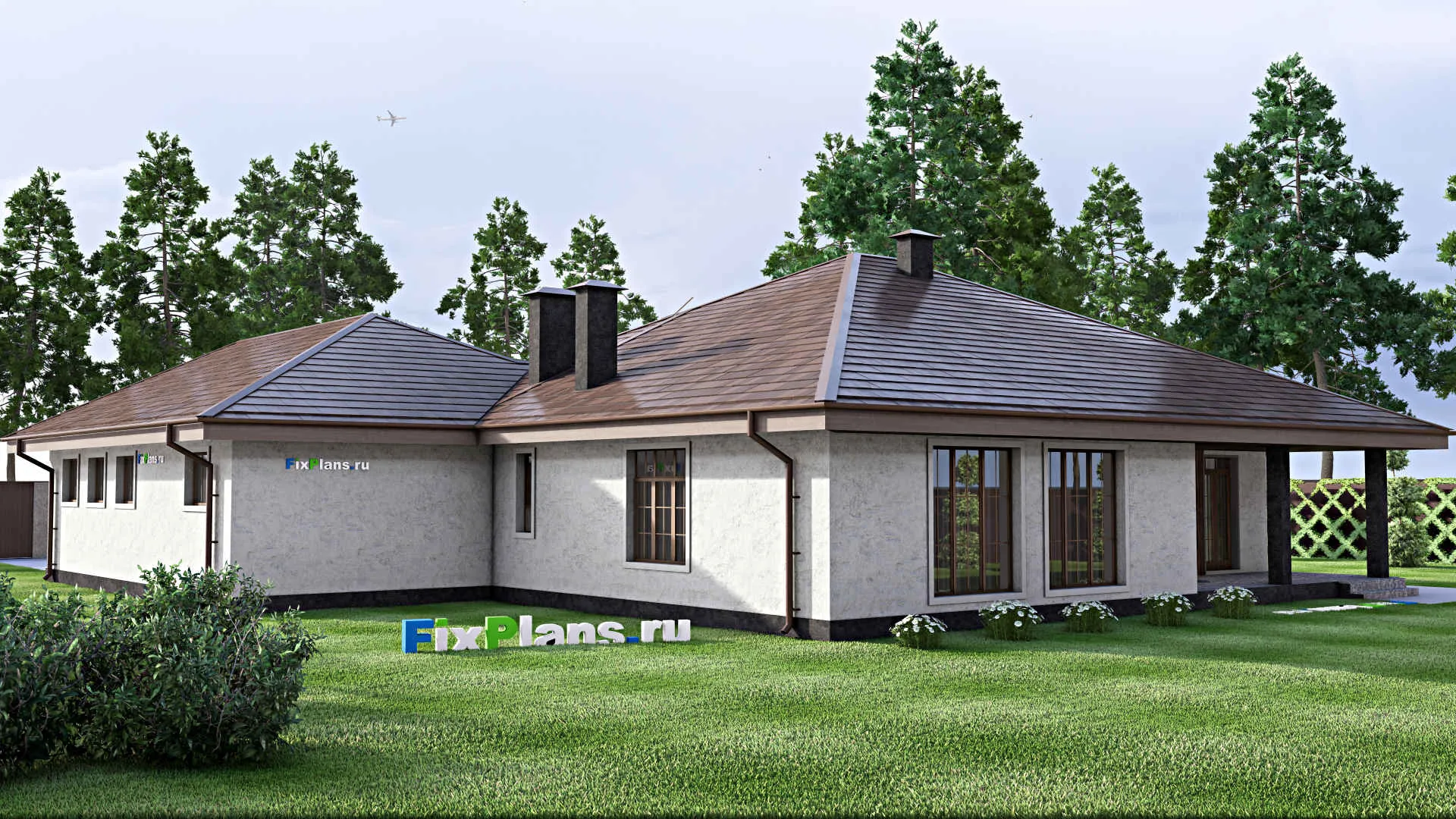 F-13319 - Проект одноэтажного дома 21 на 22, площадью 260 м² с террасой, гаражом на 2 машины и 3 спальнями