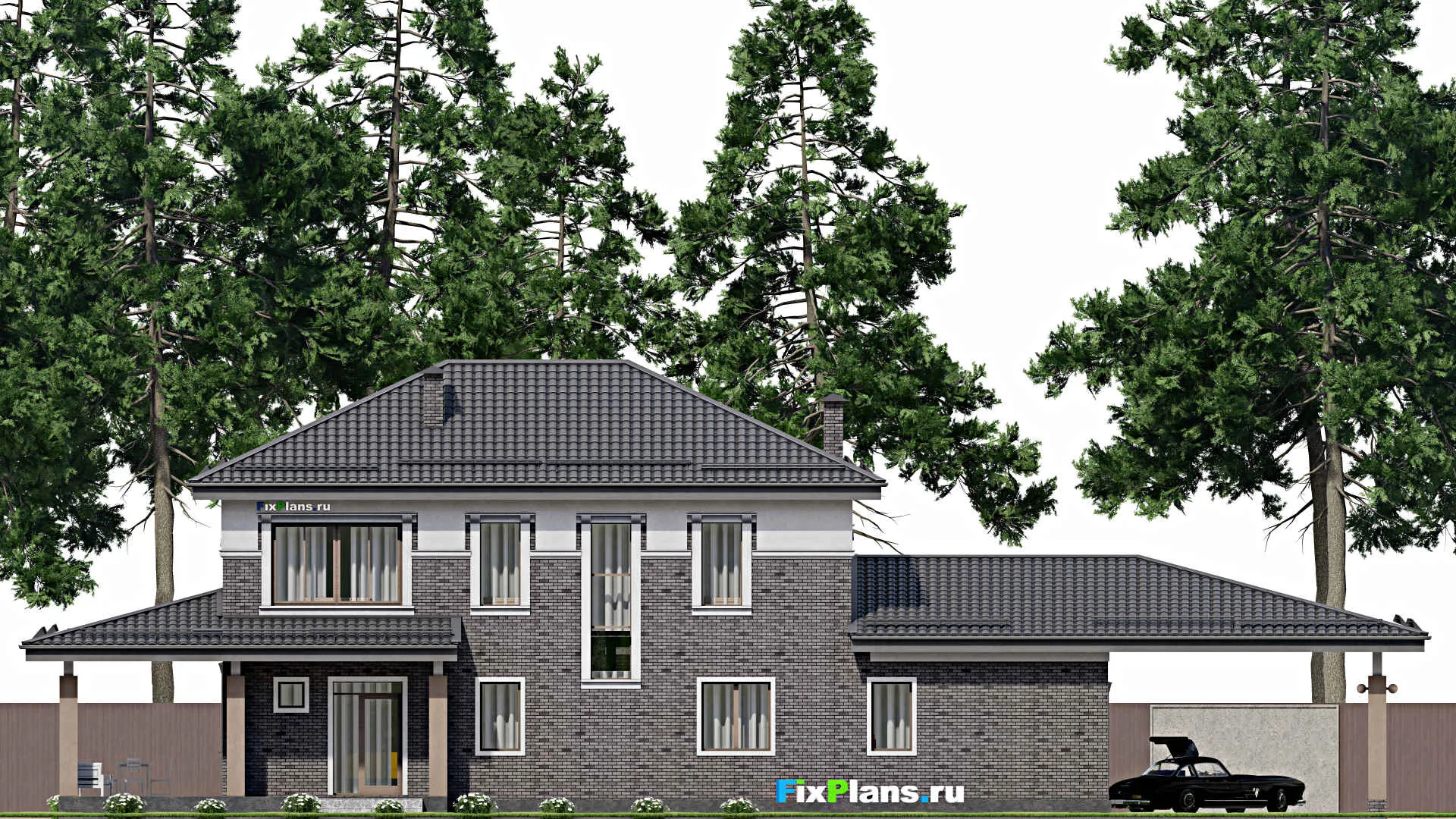 F-10079 - Проект двухэтажного дома 12 на 28, площадью 270 м² с террасой, баней, гаражом на 1 машину и 5 спальнями