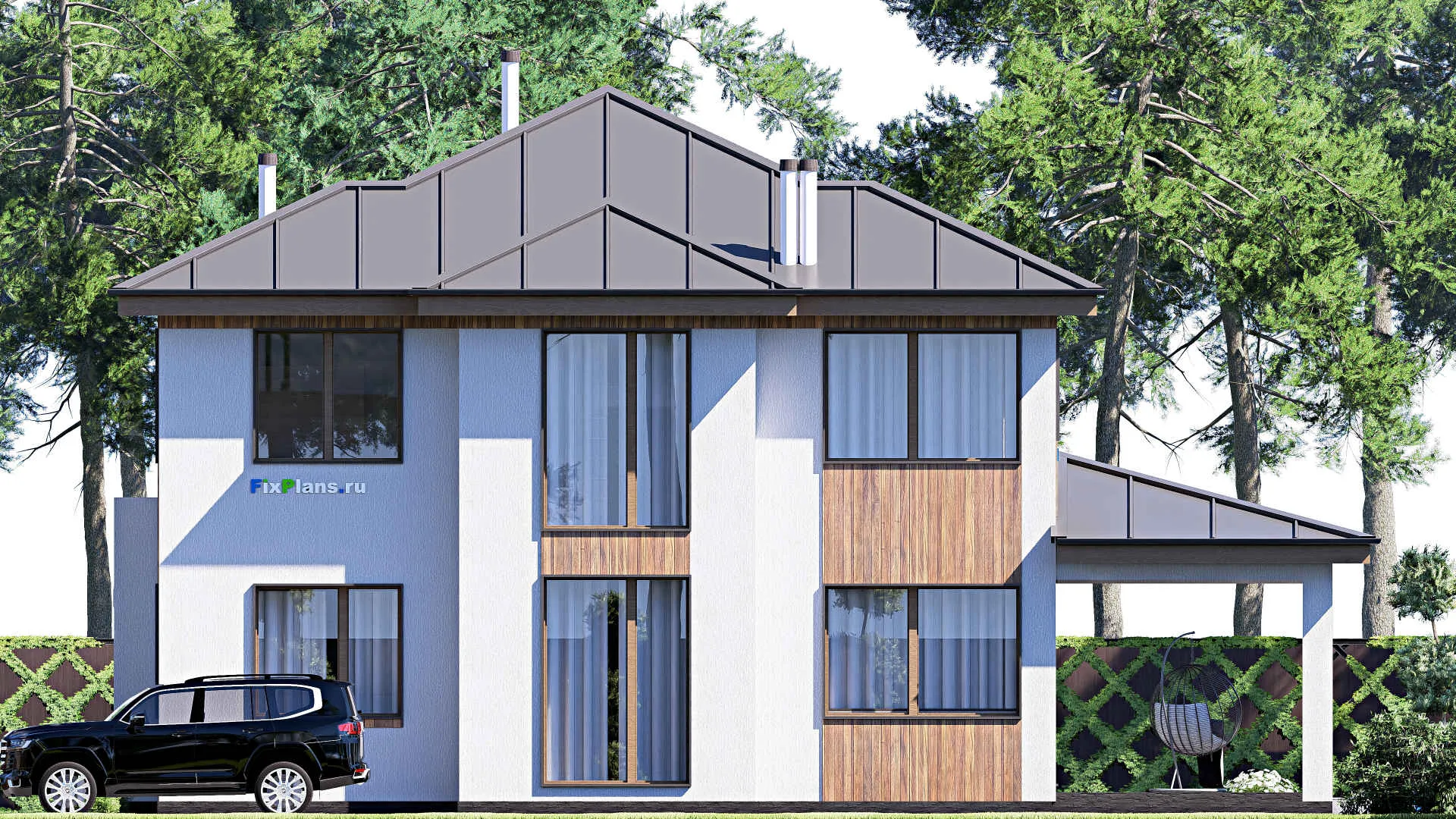 F-19655 - Проект двухэтажного дома 13 на 17, площадью 220 м² с террасой и 2 спальнями