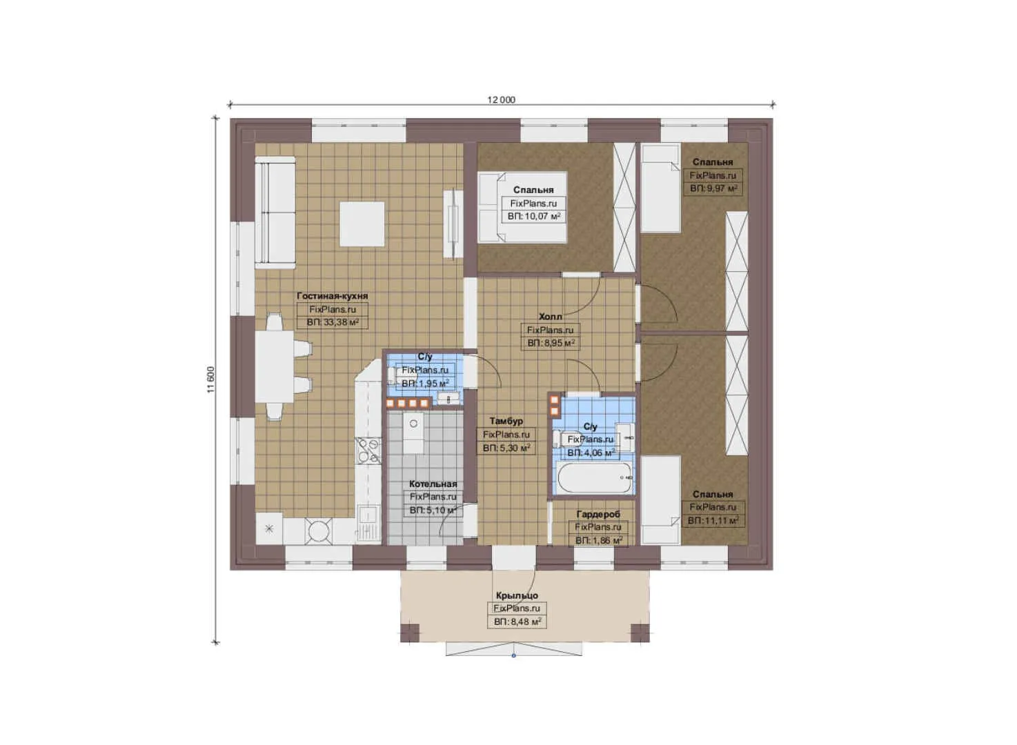 F-12437 - План одноэтажного дома 12 на 12, площадью 100 м² с 3 спальнями