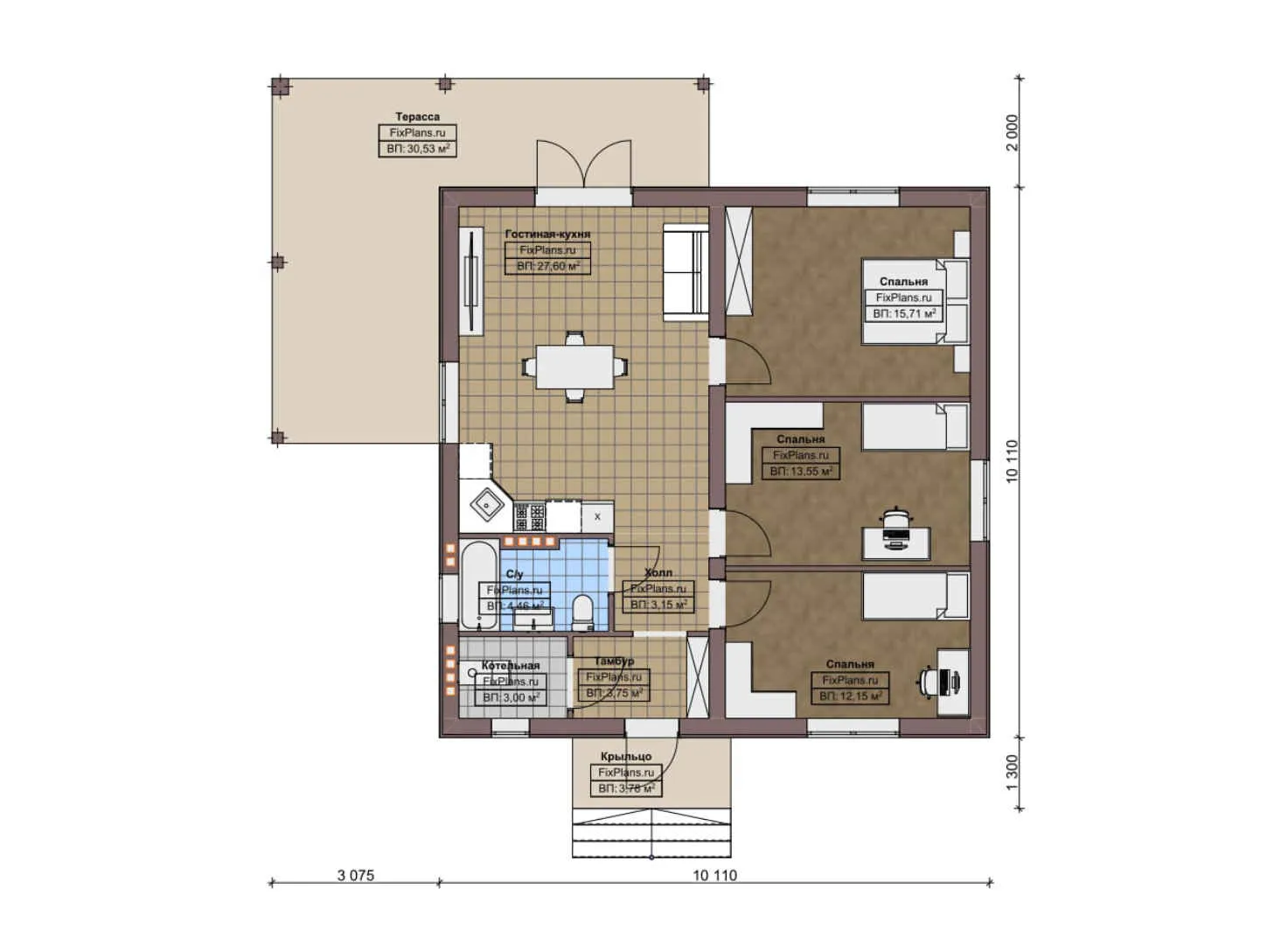 F-3860 - План одноэтажного дома 11 на 11, площадью 120 м² с террасой и 3 спальнями