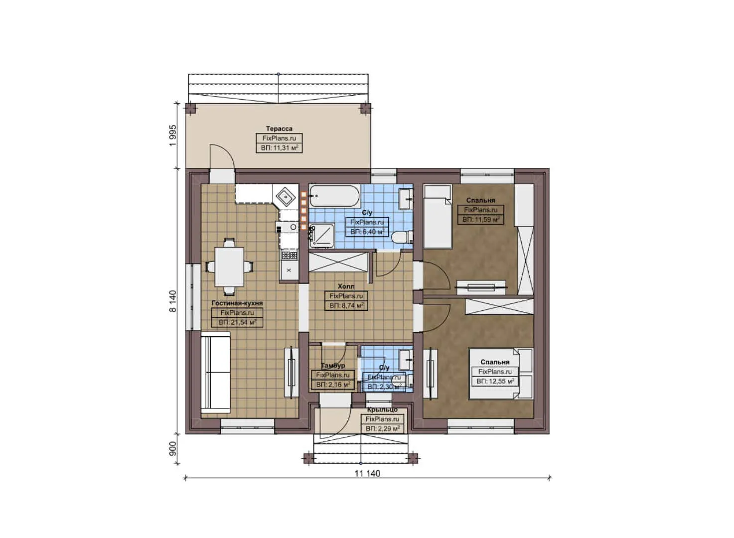 F-5768 - План одноэтажного дома 9 на 12, площадью 80 м² с террасой и 2 спальнями
