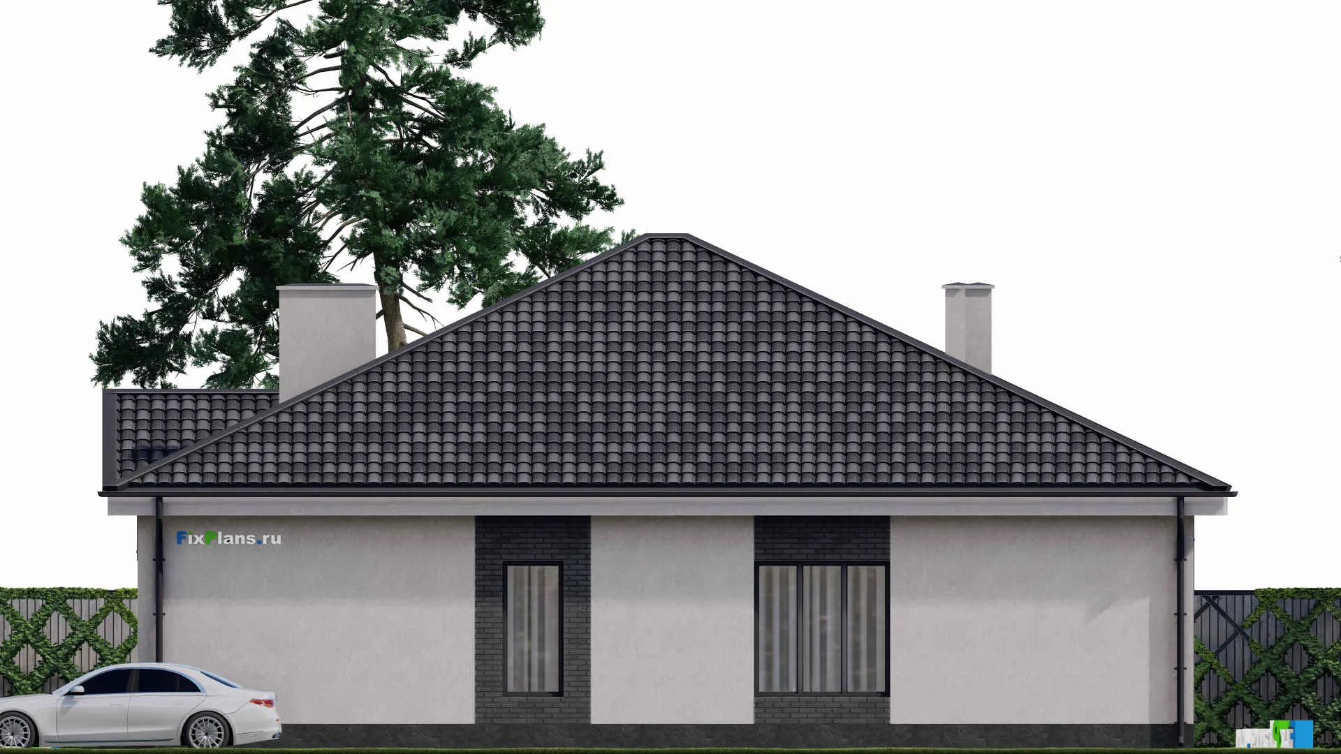 F-1745 - Проект одноэтажного дома 16 на 18, площадью 210 м² с террасой, баней и 2 спальнями