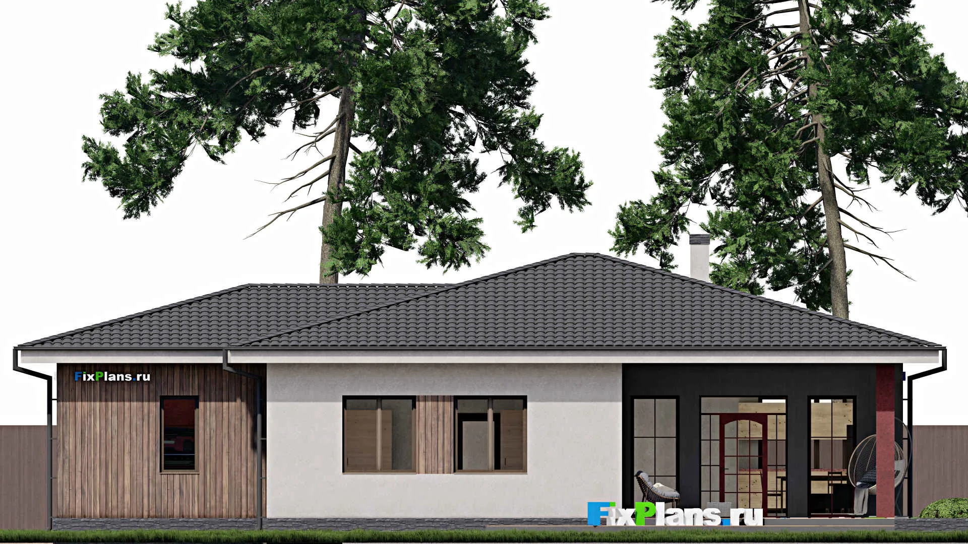 F-0350 - План одноэтажного дома 13 на 18, площадью 220 м² с террасой, гаражом на 1 машину и 3 спальнями