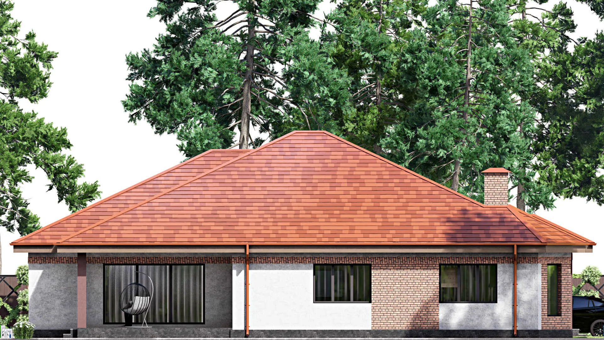 F-15425 - План одноэтажного дома 17 на 21, площадью 280 м² с террасой, баней, бассейном и 2 спальнями