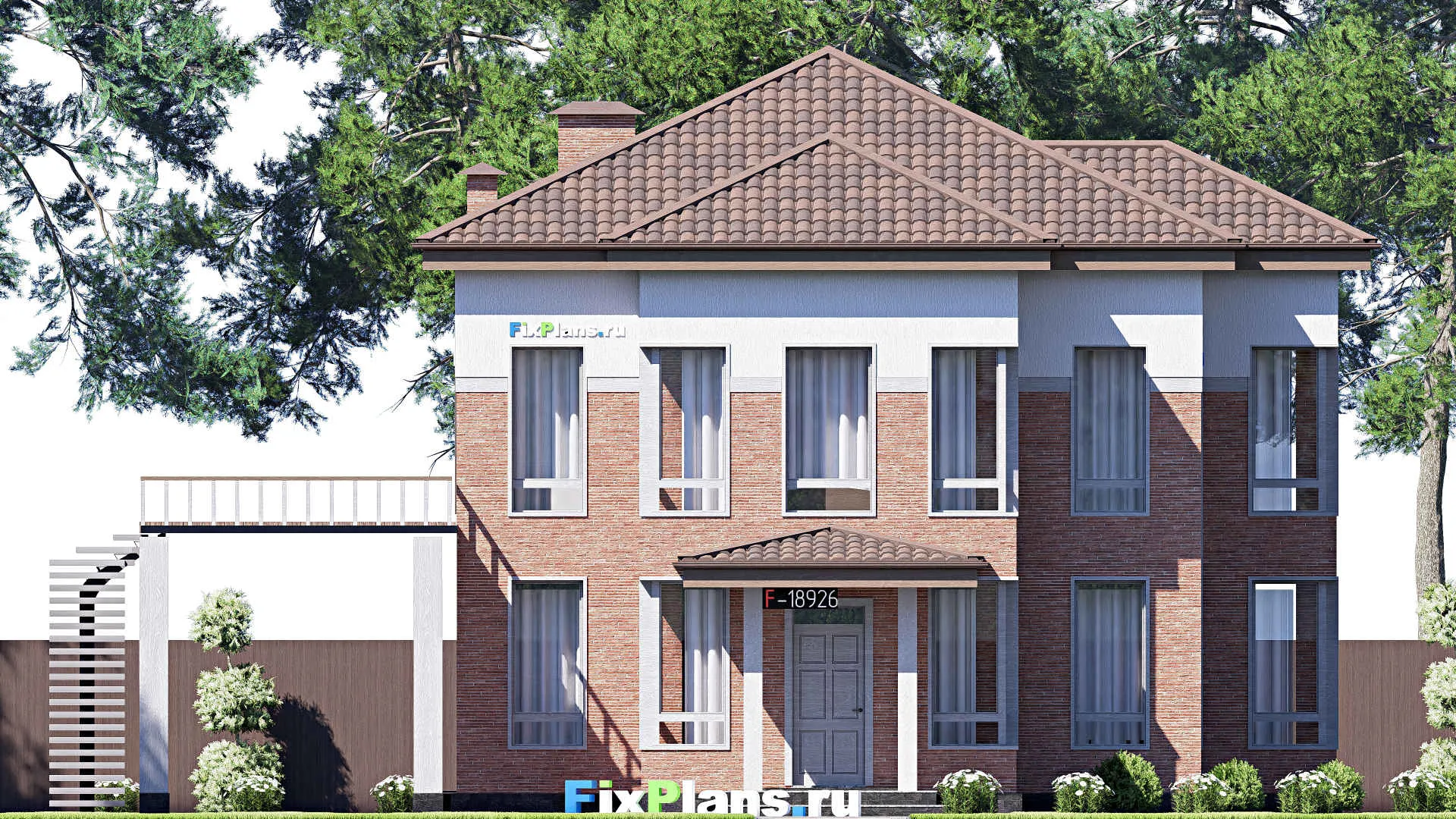 F-18926 - Проект двухэтажного дома 16 на 18, площадью 310 м² с террасой, балконом и 4 спальнями