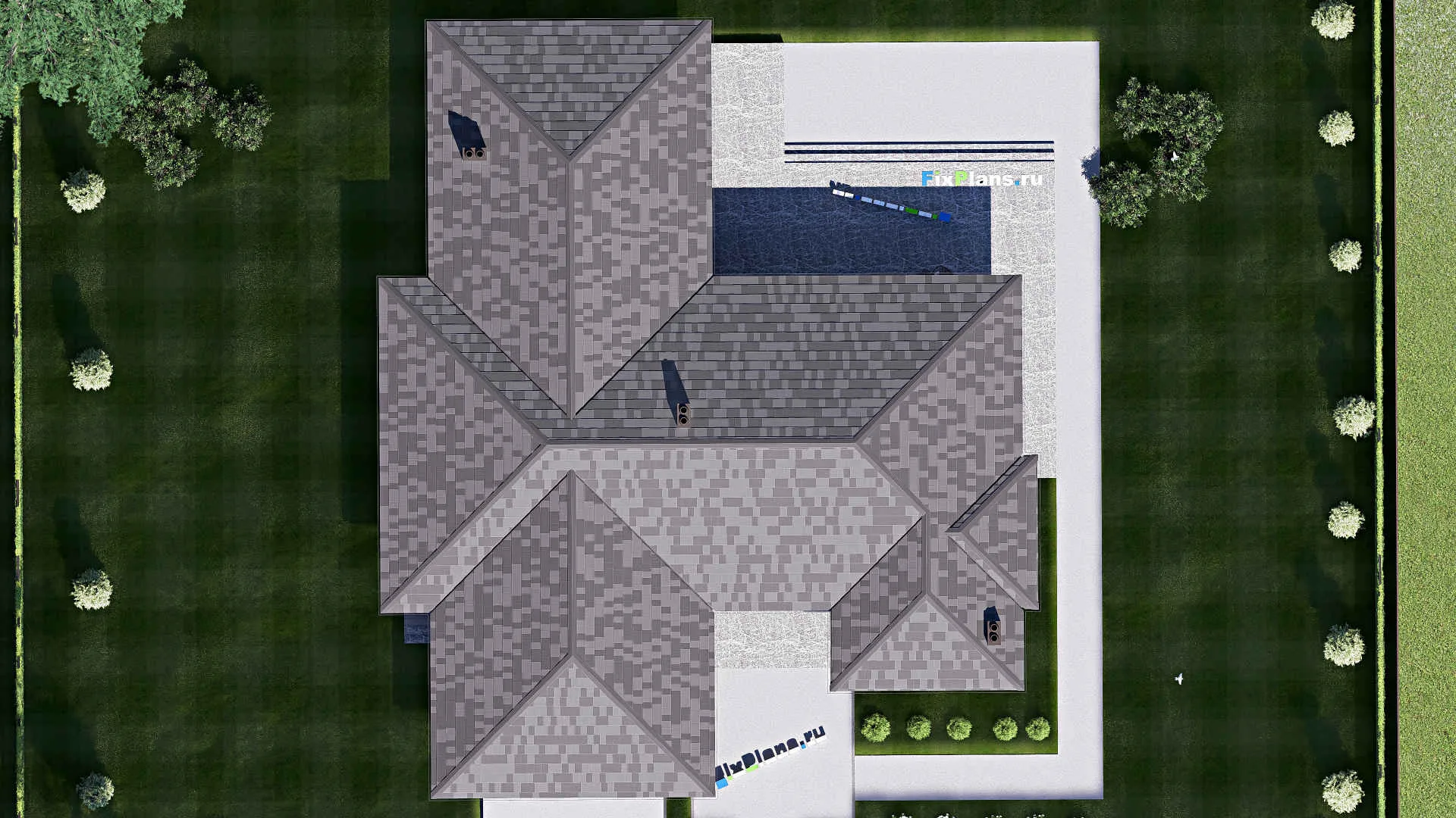 F-15740 - Проект одноэтажного дома 22 на 25, площадью 360 м² с террасой, гаражом на 2 машины и 3 спальнями