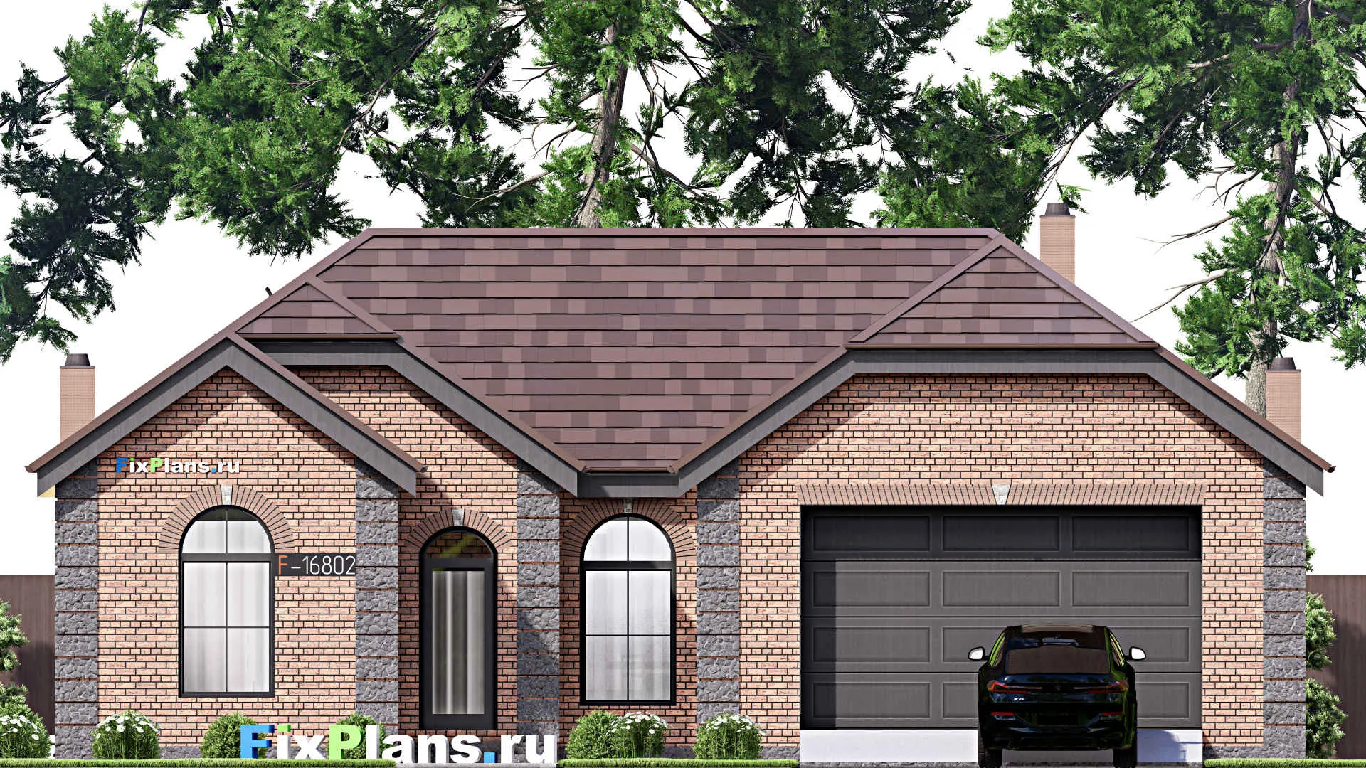 F-16802 - Проект одноэтажного дома 16 на 22, площадью 190 м² с террасой, гаражом на 2 машины и 3 спальнями