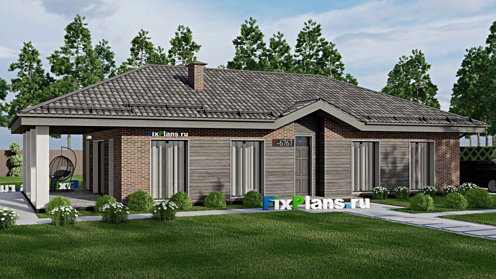 F-6767 - Проект одноэтажного дома 11 на 19, площадью 150 м² с террасой и 3 спальнями