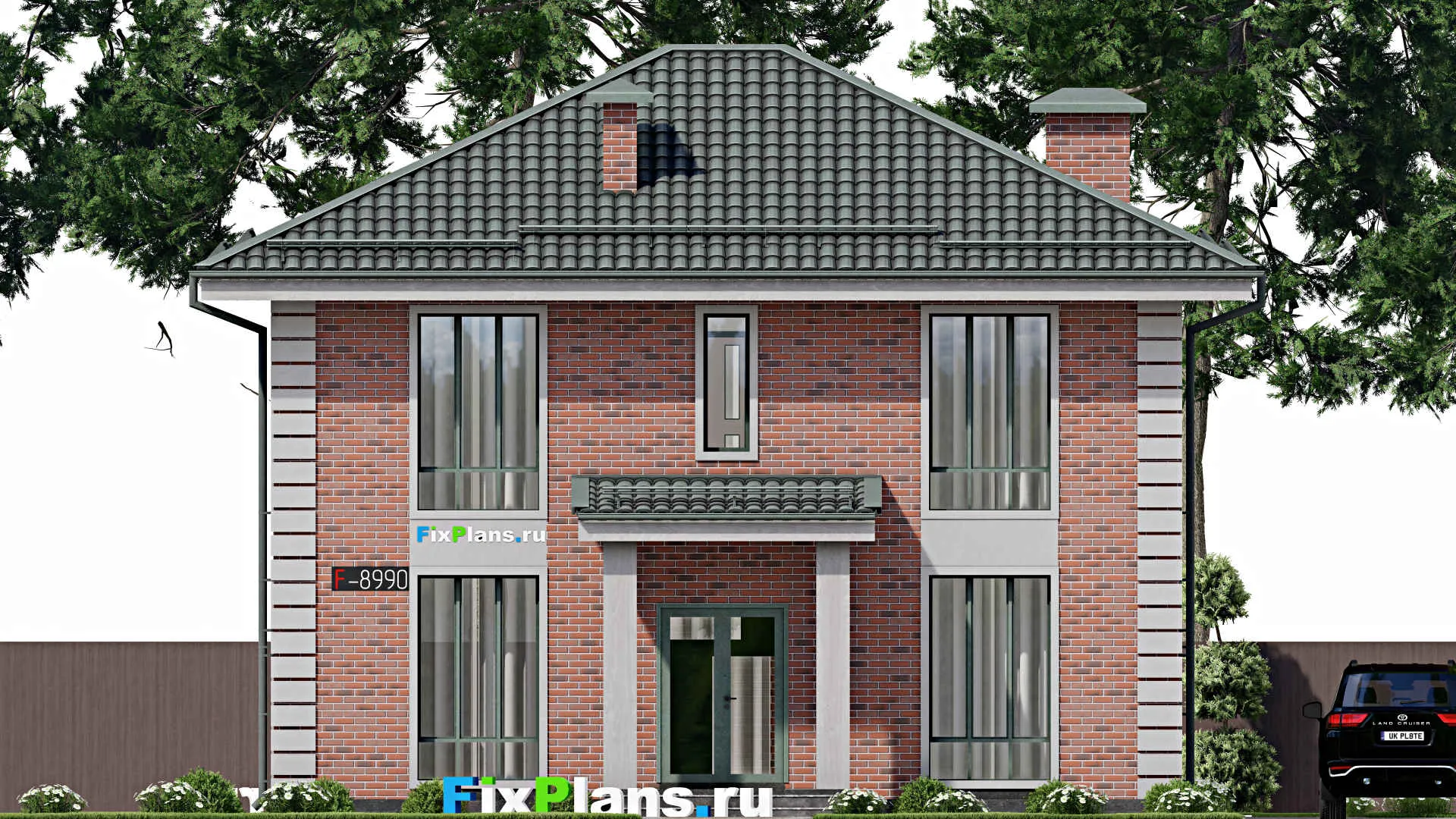 F-8990 - Проект двухэтажного дома 11 на 11, площадью 370 м² с террасой и 9 спальнями