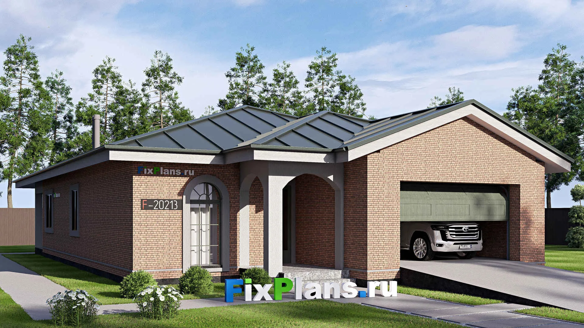 F-20213 - Проект одноэтажного дома 12 на 21, площадью 200 м² с террасой, гаражом на 2 машины и 3 спальнями