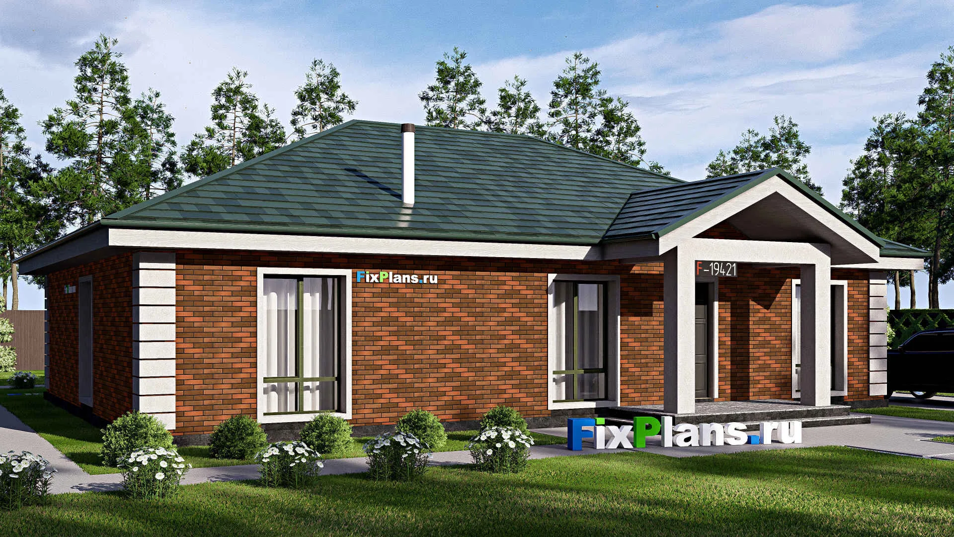 F-19421 - Проект одноэтажного дома 17 на 18, площадью 200 м² с террасой и 4 спальнями