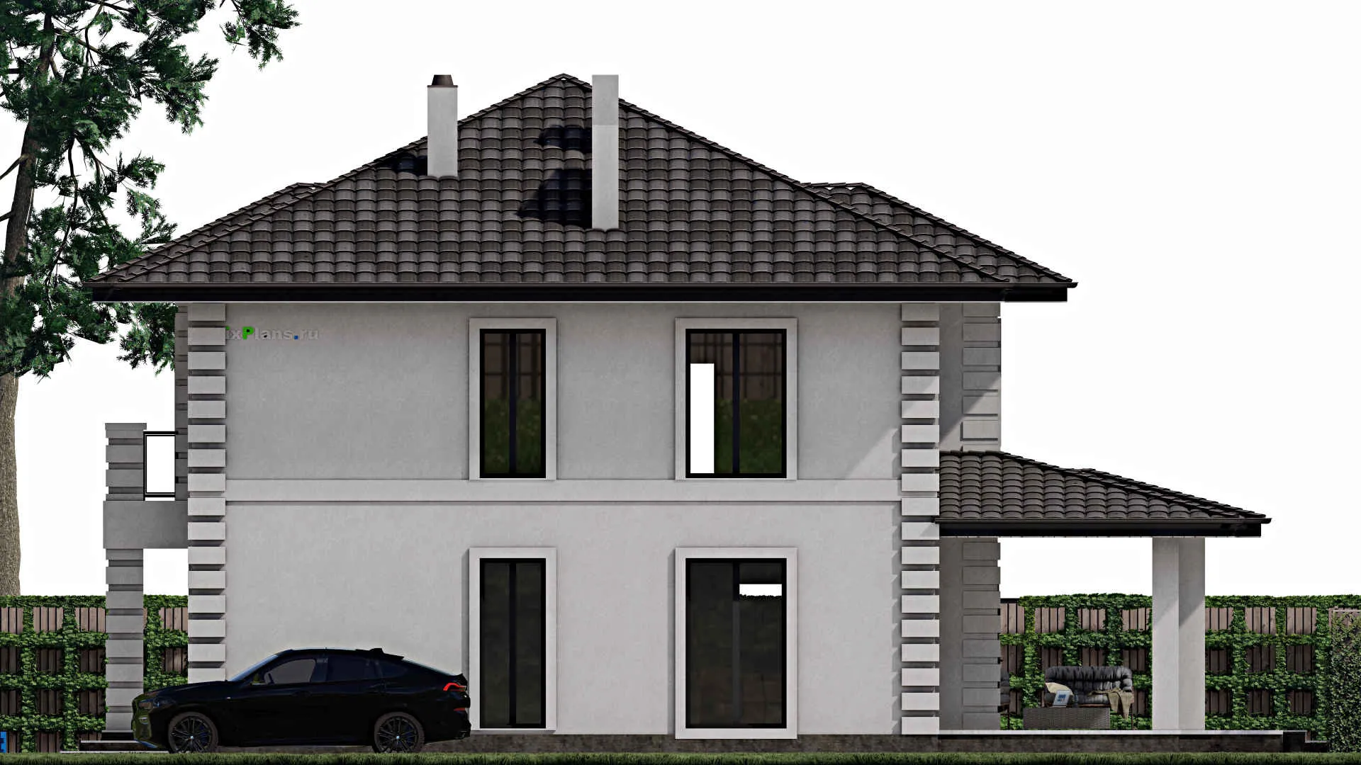 F-0863 - Проект двухэтажного дома 11 на 12, площадью 200 м² с террасой и 4 спальнями