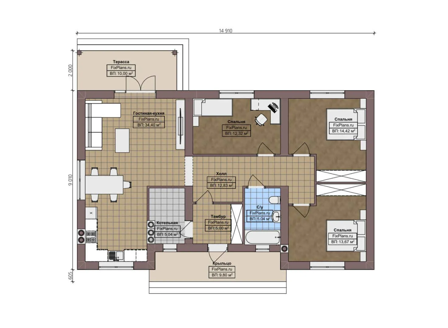 F-2852 - План одноэтажного дома 10 на 15, площадью 130 м² с террасой и 3 спальнями