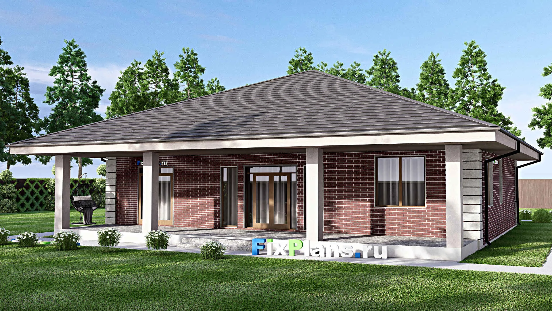 F-13211 - Проект одноэтажного дома 16 на 17, площадью 200 м² с террасой и 3 спальнями