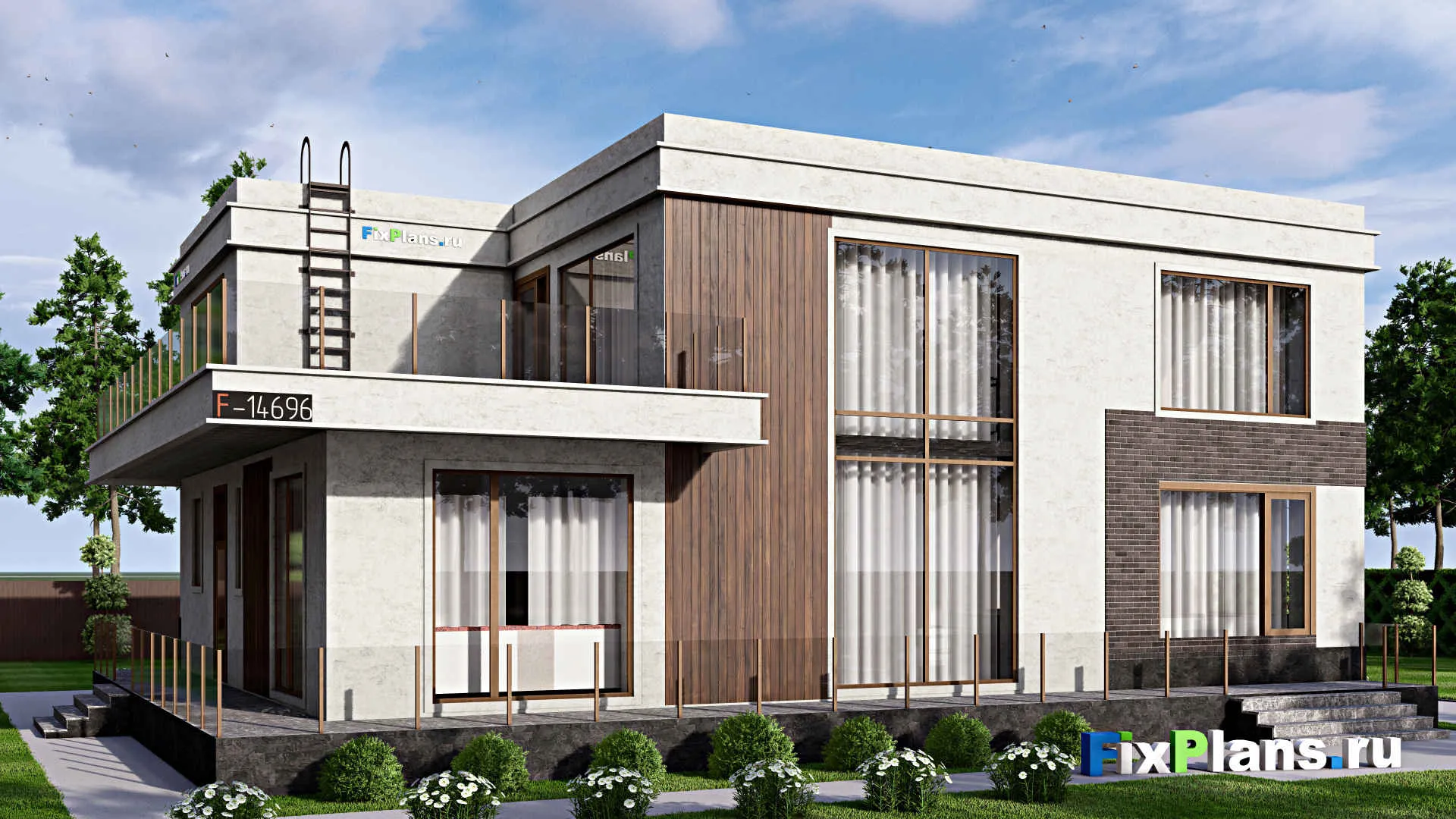 F-14696 - Проект двухэтажного дома 13 на 18, площадью 350 м² с террасой, балконом, баней, бассейном и 3 спальнями