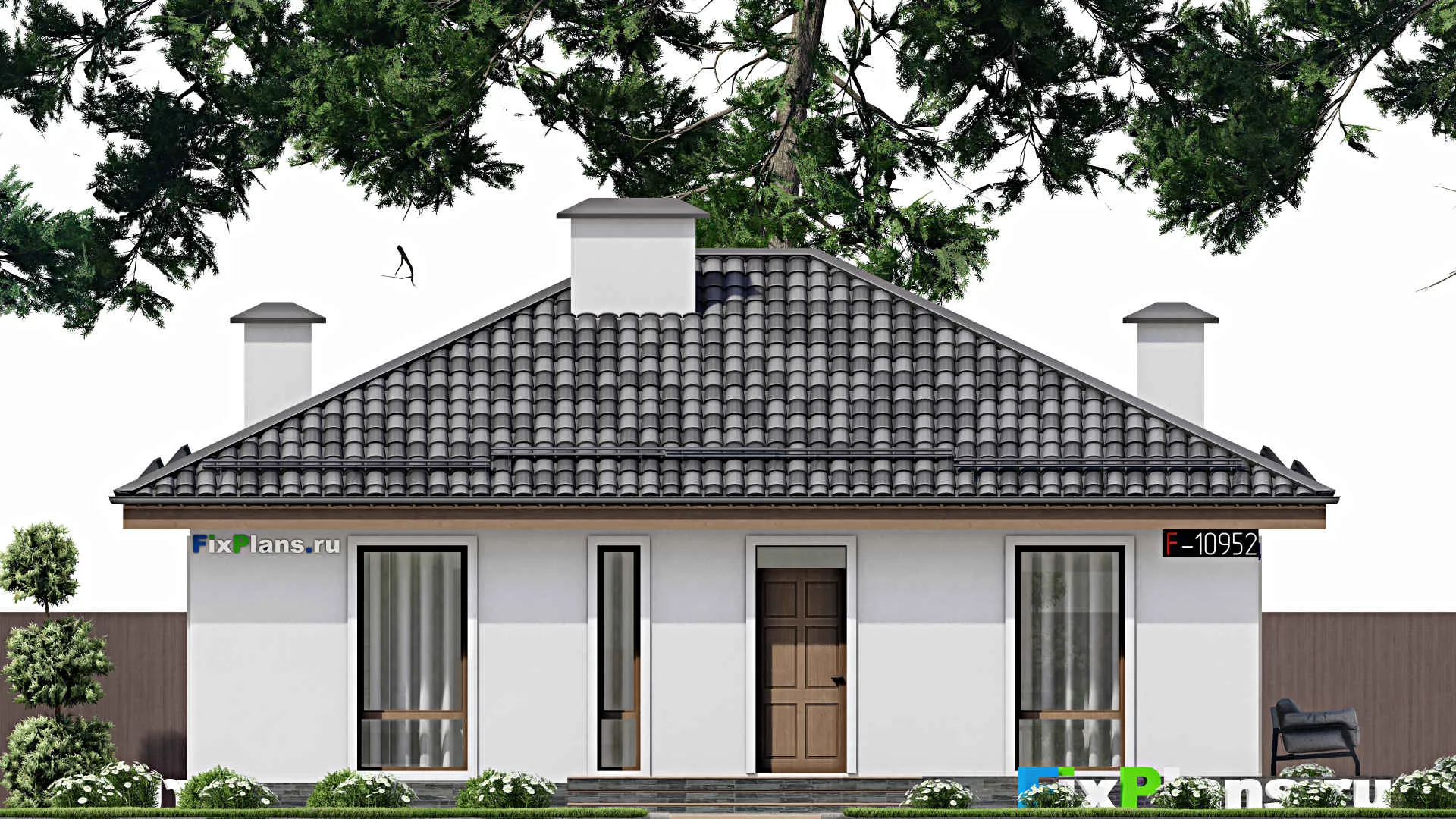 F-10952 - Проект одноэтажного дома 12 на 16, площадью 140 м² с террасой и 3 спальнями