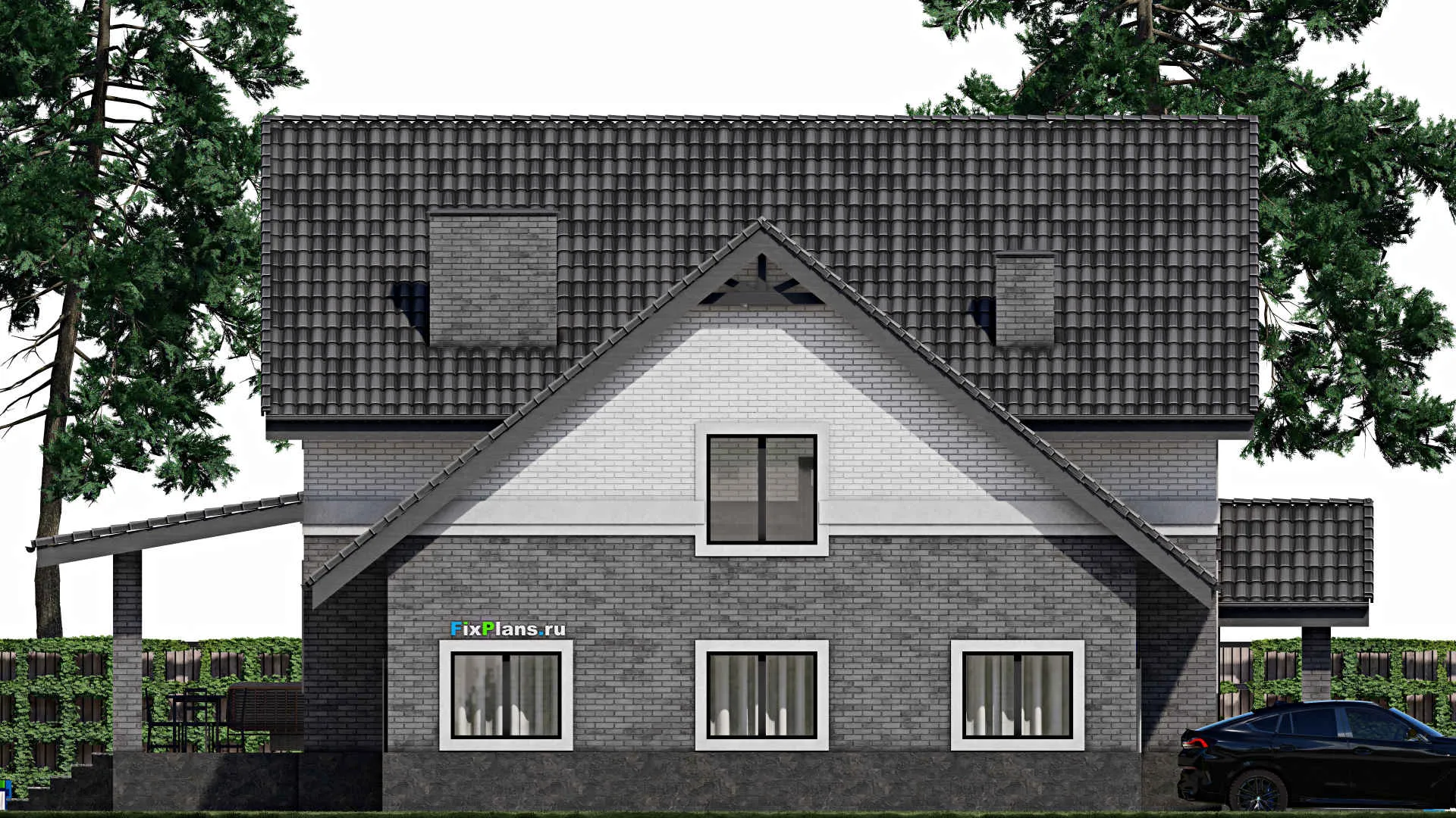 F-1385 - Проект дома с мансардой 12 на 15, площадью 330 м² с террасой, балконом, цокольным этажом, гаражом на 1 машину, спортзалом и 4 спальнями