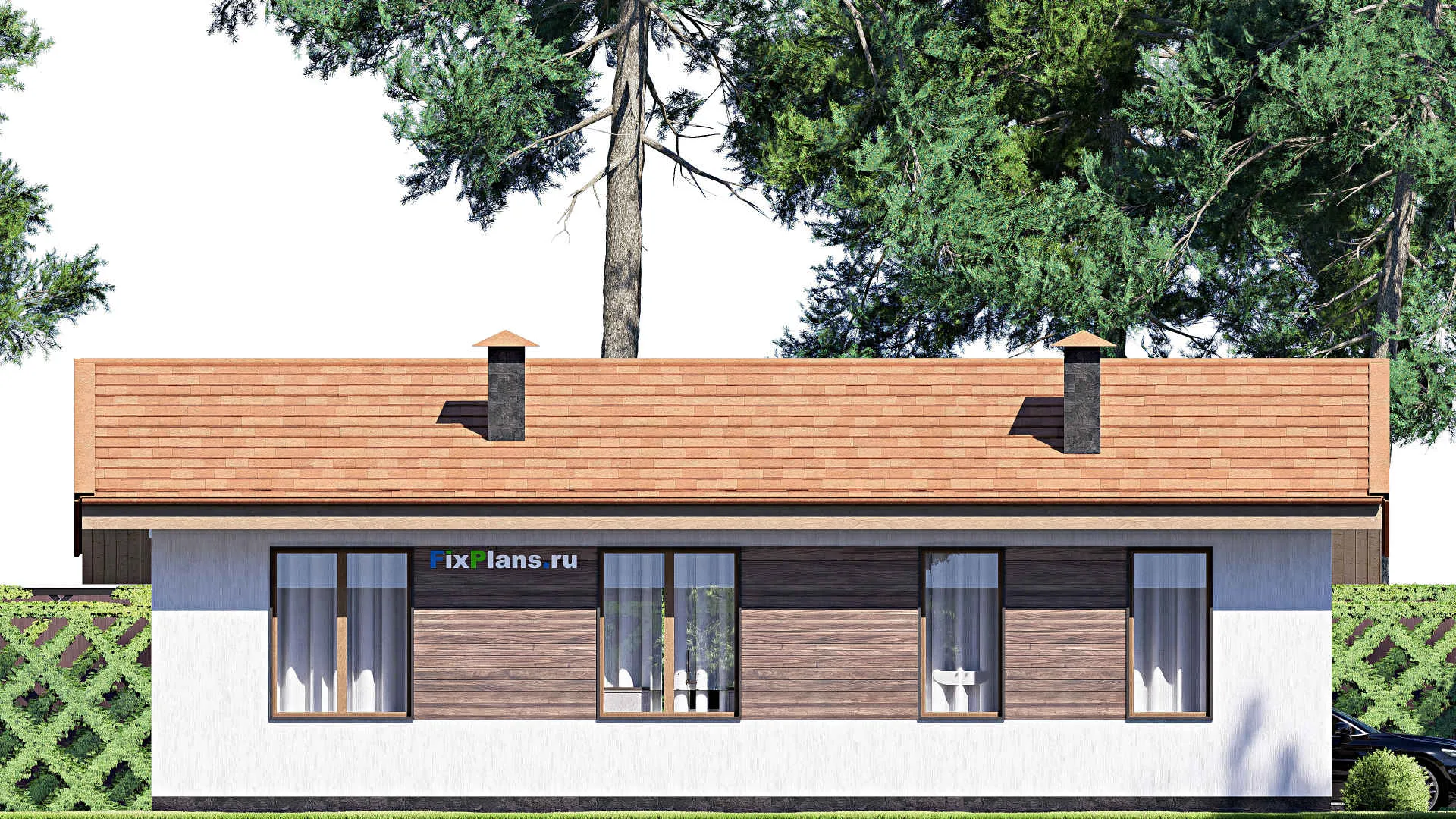 F-17243 - Проект одноэтажного дома 10 на 13, площадью 90 м² с террасой и 2 спальнями