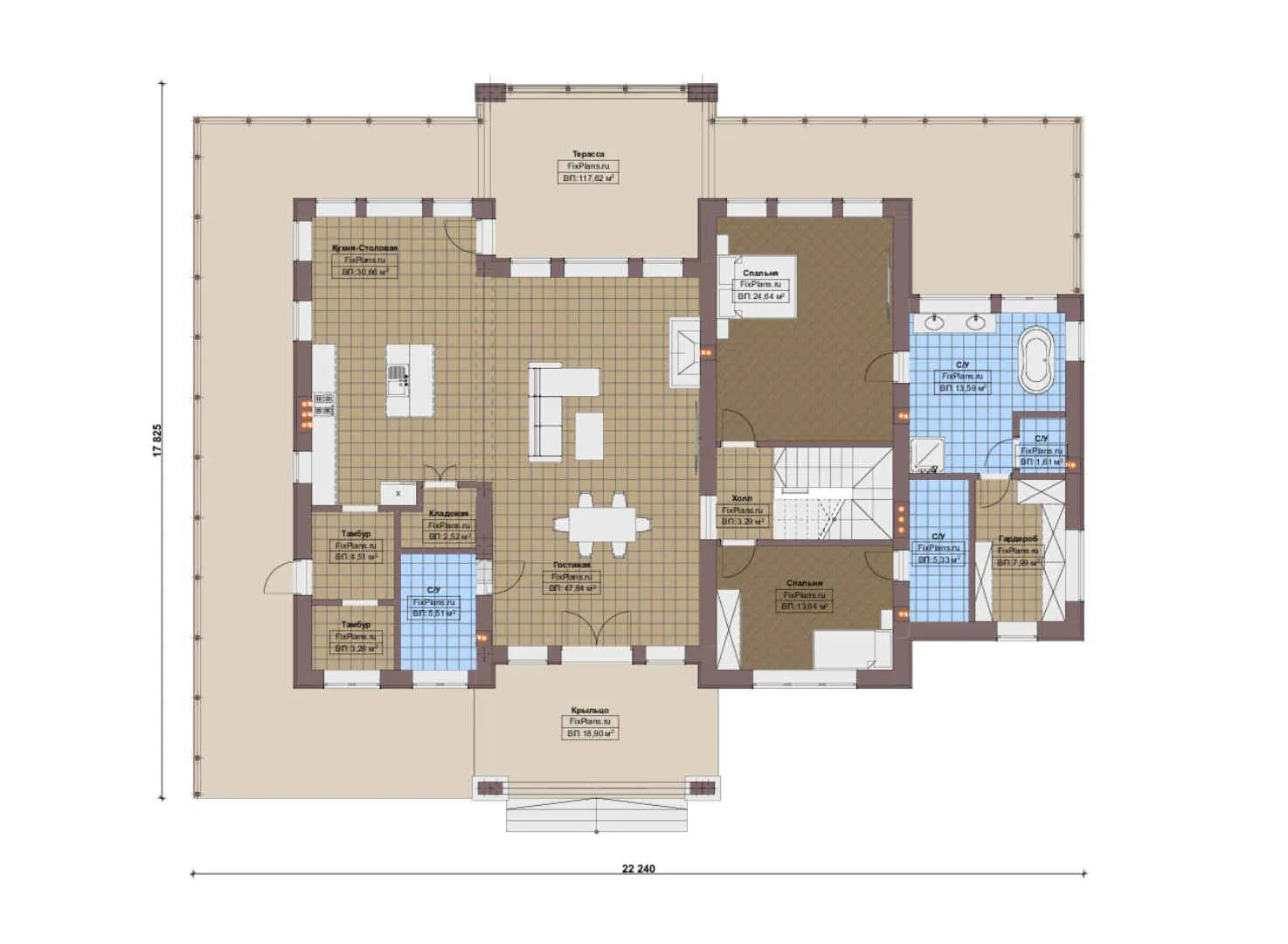 F-20627 - План одноэтажного дома 18 на 23, площадью 570 м² с террасой, цокольным этажом, гаражом на 2 машины и 3 спальнями