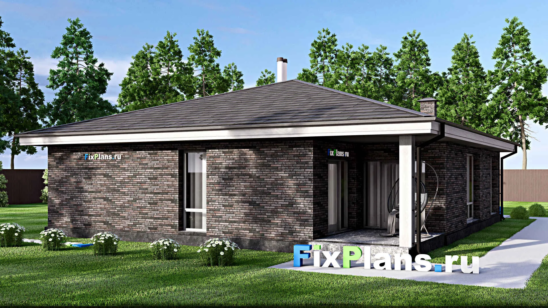 F-14714 - Проект одноэтажного дома 13 на 17, площадью 160 м² с террасой, гаражом на 2 машины и 3 спальнями