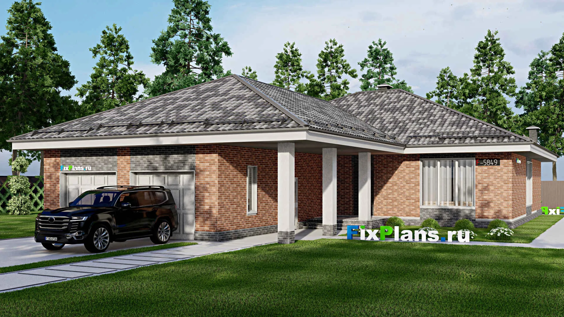 F-5849 - Проект одноэтажного дома 16 на 24, площадью 250 м² с террасой, гаражом на 2 машины и 3 спальнями