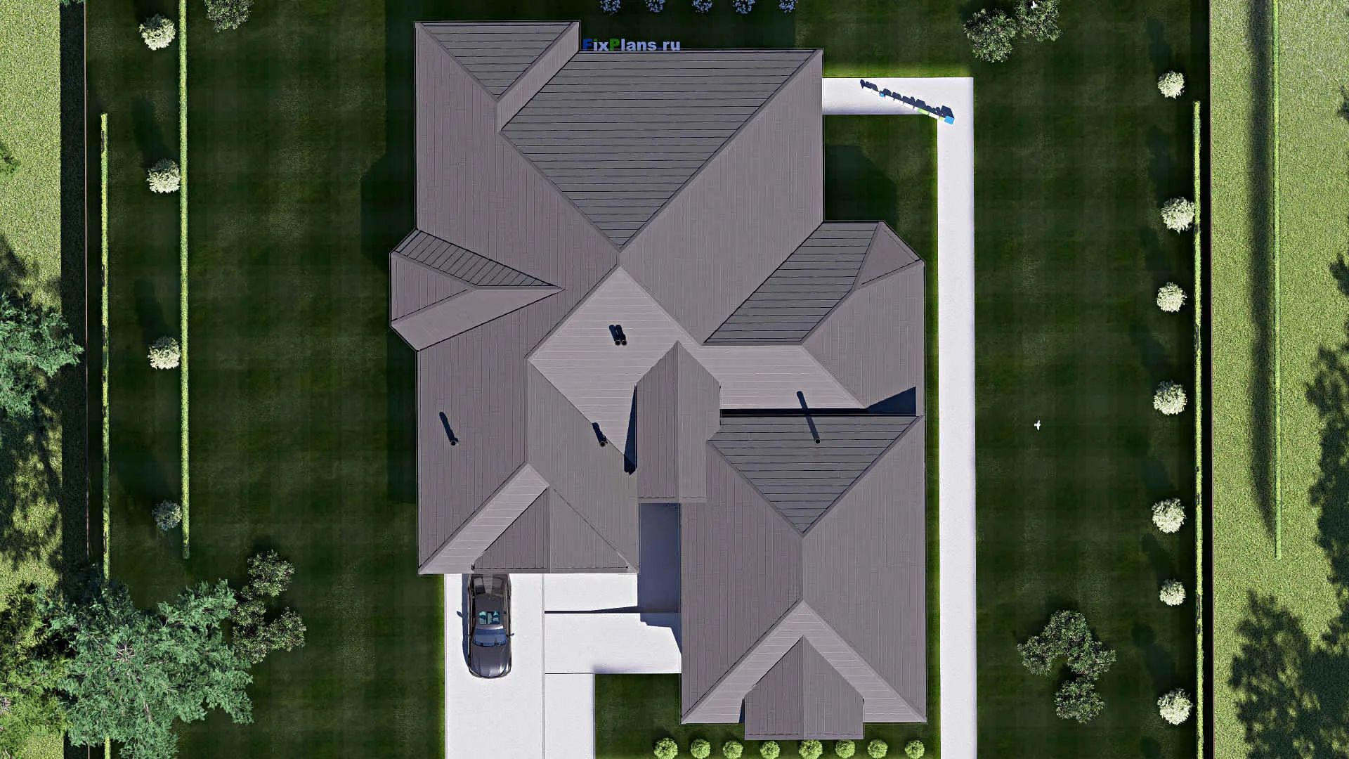 F-19799 - Проект дома с мансардой 21 на 29, площадью 410 м² с террасой, гаражом на 2 машины и 3 спальнями