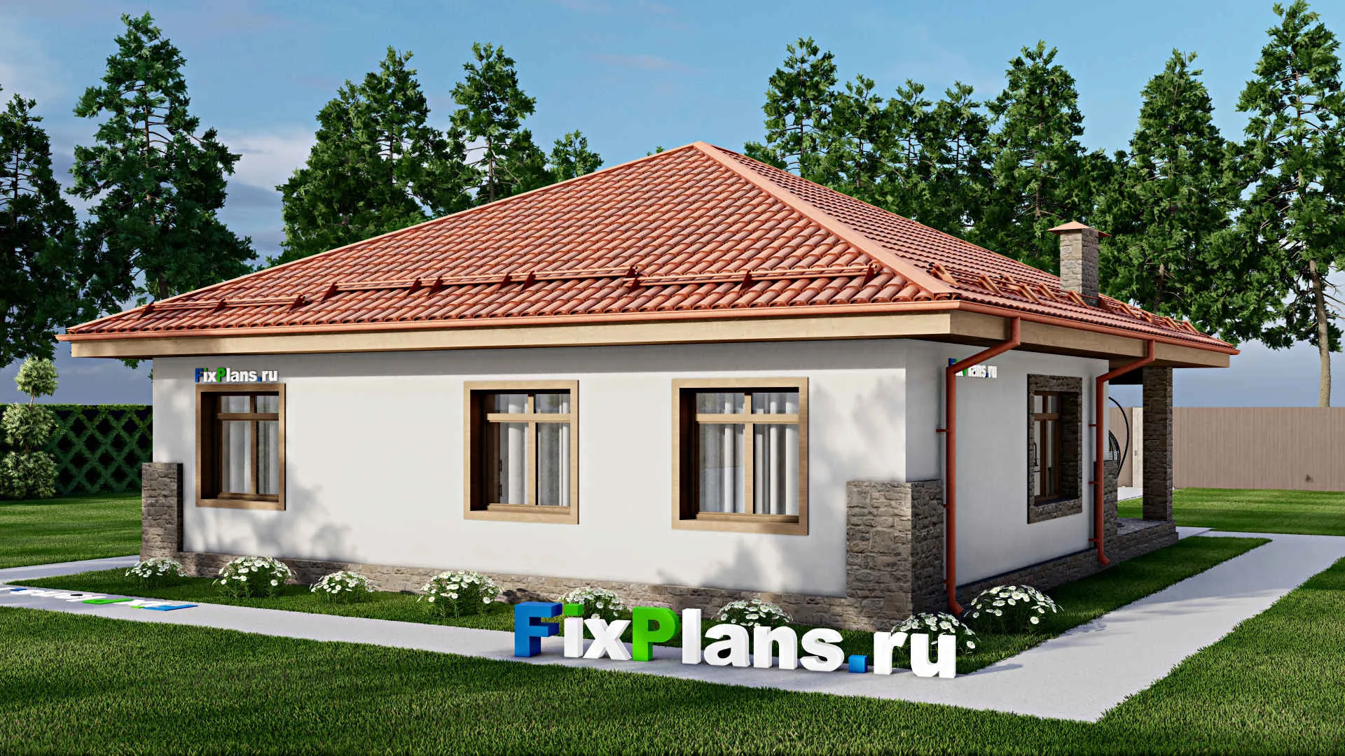 F-8495 - Проект одноэтажного дома 12 на 13, площадью 120 м² с террасой и 3 спальнями