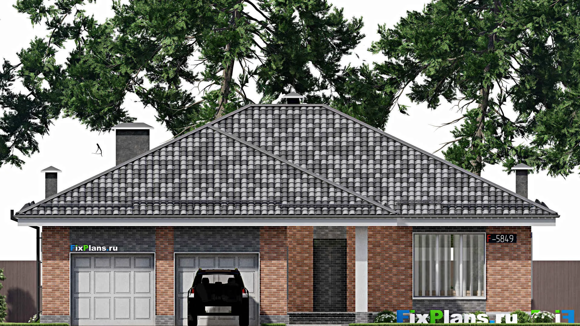 F-5849 - Проект одноэтажного дома 16 на 24, площадью 250 м² с террасой, гаражом на 2 машины и 3 спальнями