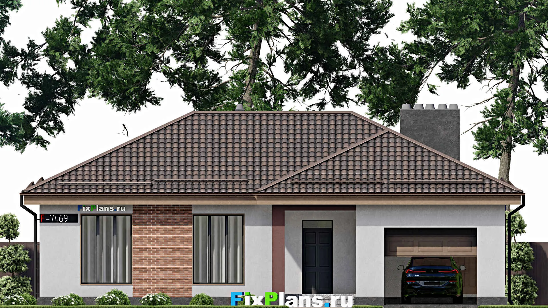 F-7469 - Проект одноэтажного дома 14 на 16, площадью 140 м² с террасой, гаражом на 1 машину и 3 спальнями