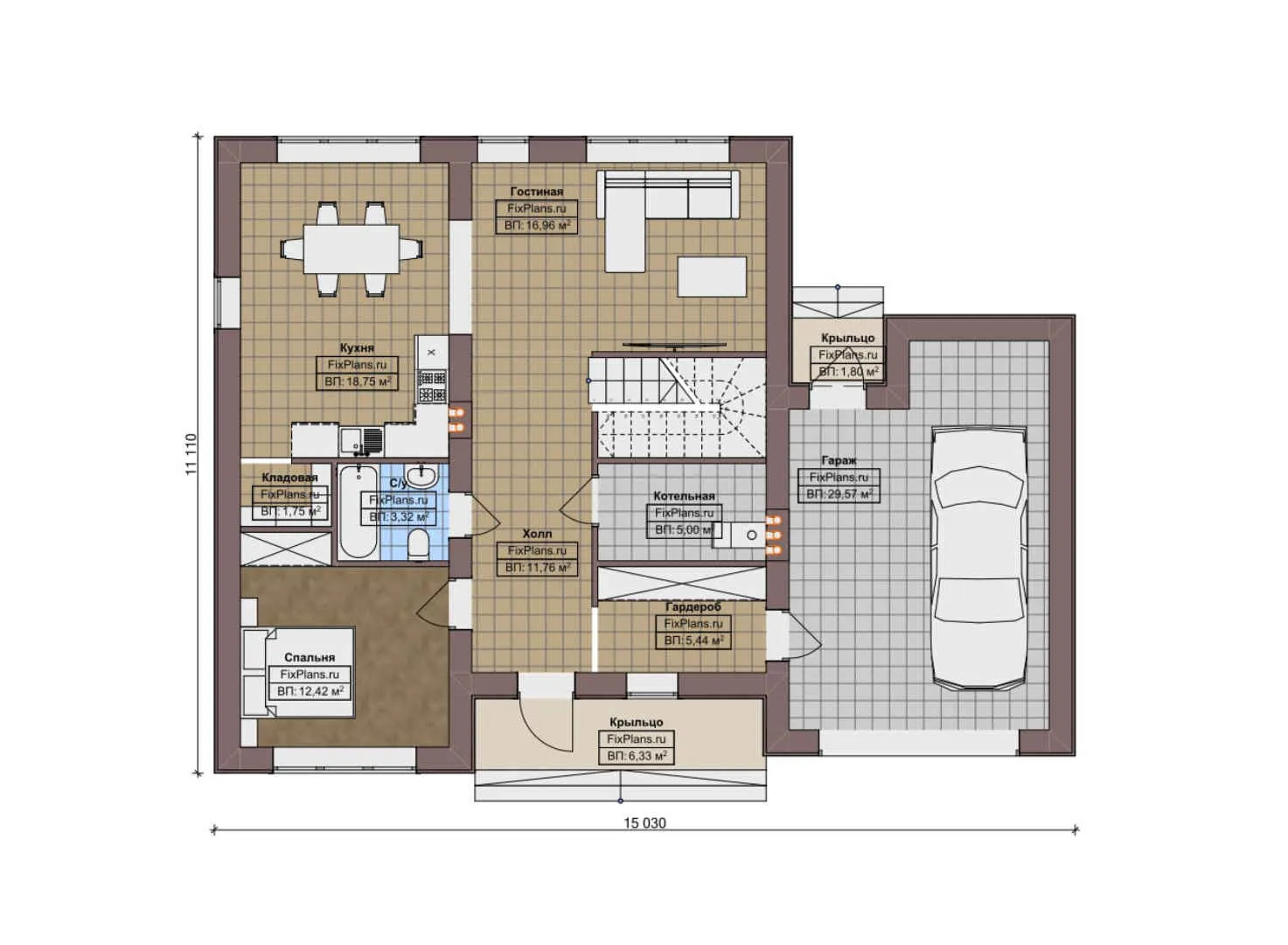 F-11789 - Планы двухэтажного дома 12 на 16, площадью 190 м² с гаражом на 1 машину и 4 спальнями