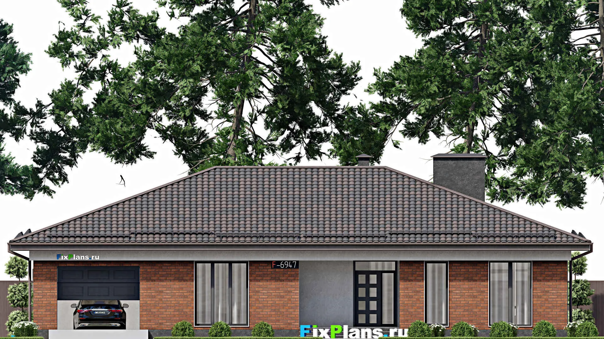 F-6947 - Проект одноэтажного дома 14 на 20, площадью 200 м² с террасой, гаражом на 2 машины и 3 спальнями