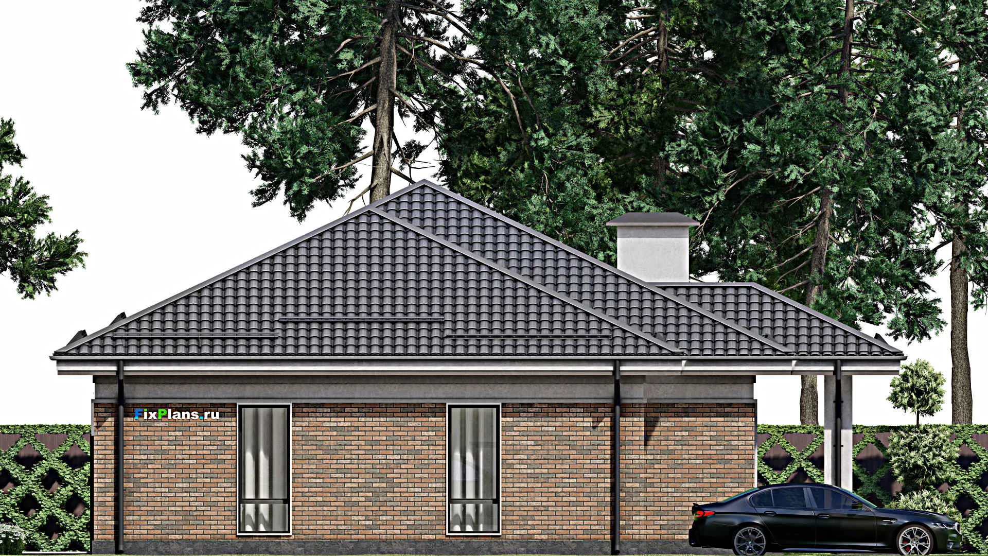 F-2555 - Проект одноэтажного дома 12 на 18, площадью 180 м² с террасой, гаражом на 2 машины и 3 спальнями