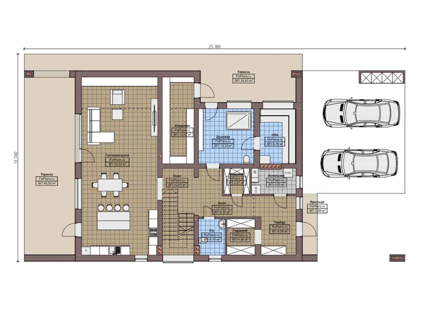 F-1601 - Планы двухэтажного дома 14 на 26, площадью 320 м² с террасой и 3 спальнями