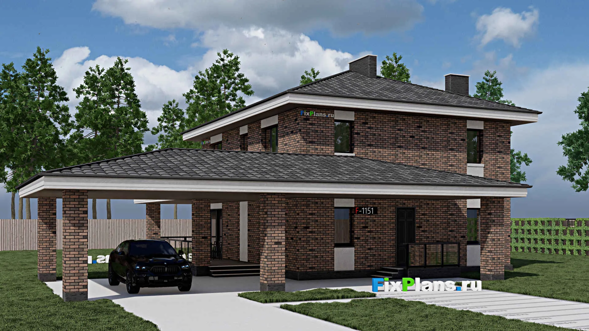 F-1151 - Проект двухэтажного дома 11 на 13, площадью 300 м² с террасой, гаражом на 1 машину и 4 спальнями