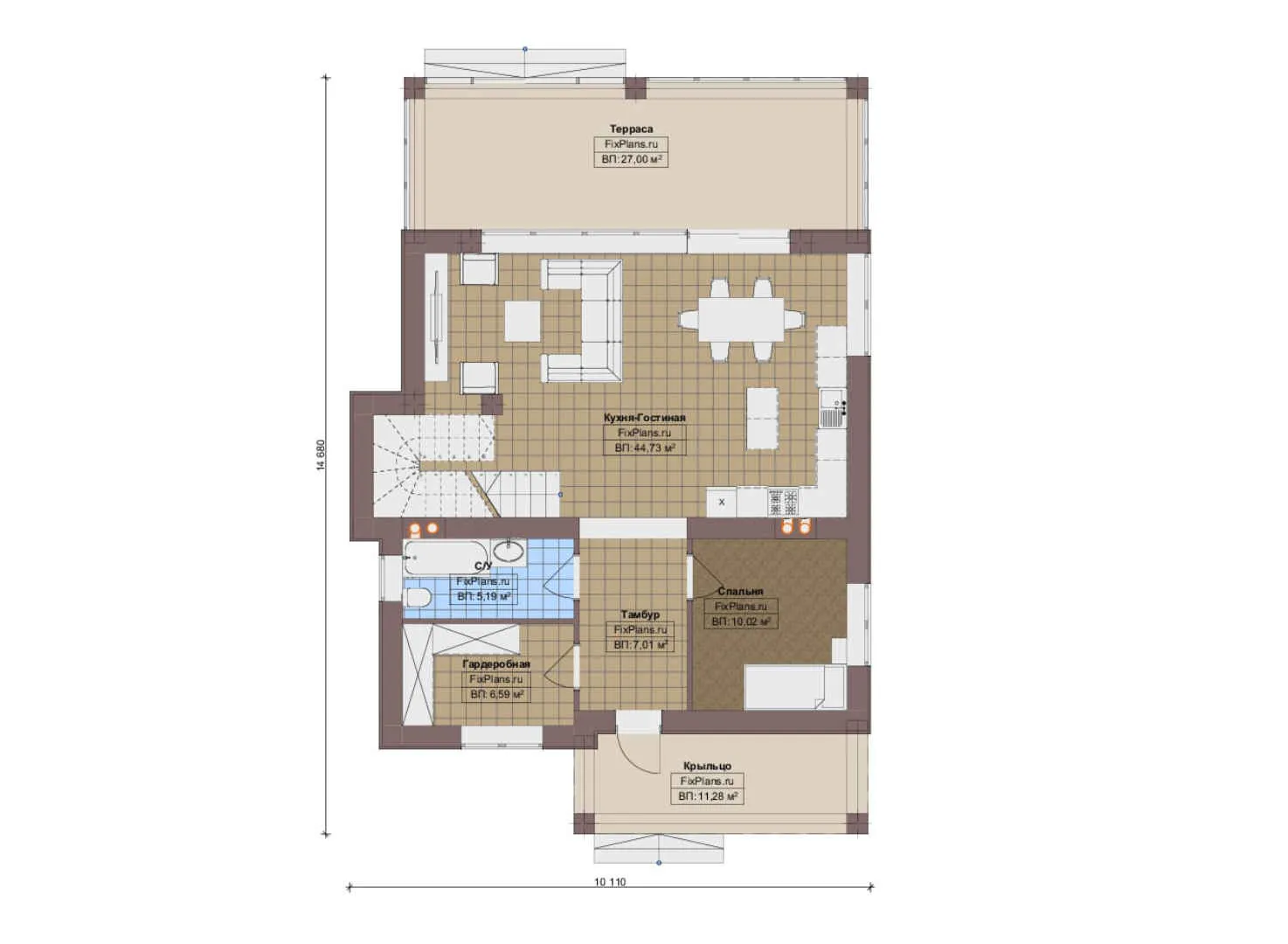 F-19196 - Планы двухэтажного дома 11 на 15, площадью 210 м² с террасой, балконом и 5 спальнями