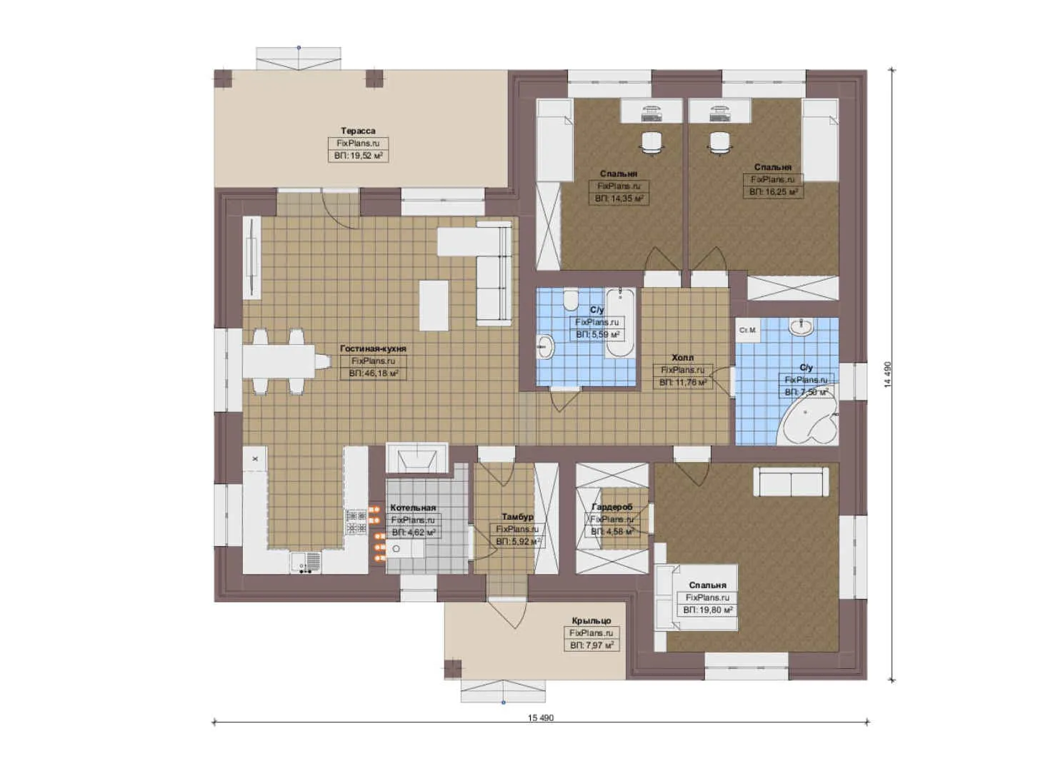 F-9647 - План одноэтажного дома 15 на 16, площадью 170 м² с террасой и 3 спальнями