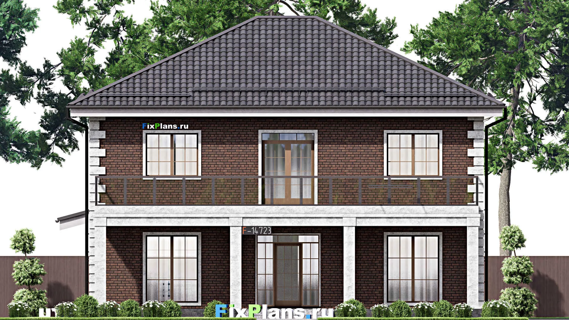 F-14723 - Проект двухэтажного дома 14 на 14, площадью 270 м² с террасой, балконом и 5 спальнями