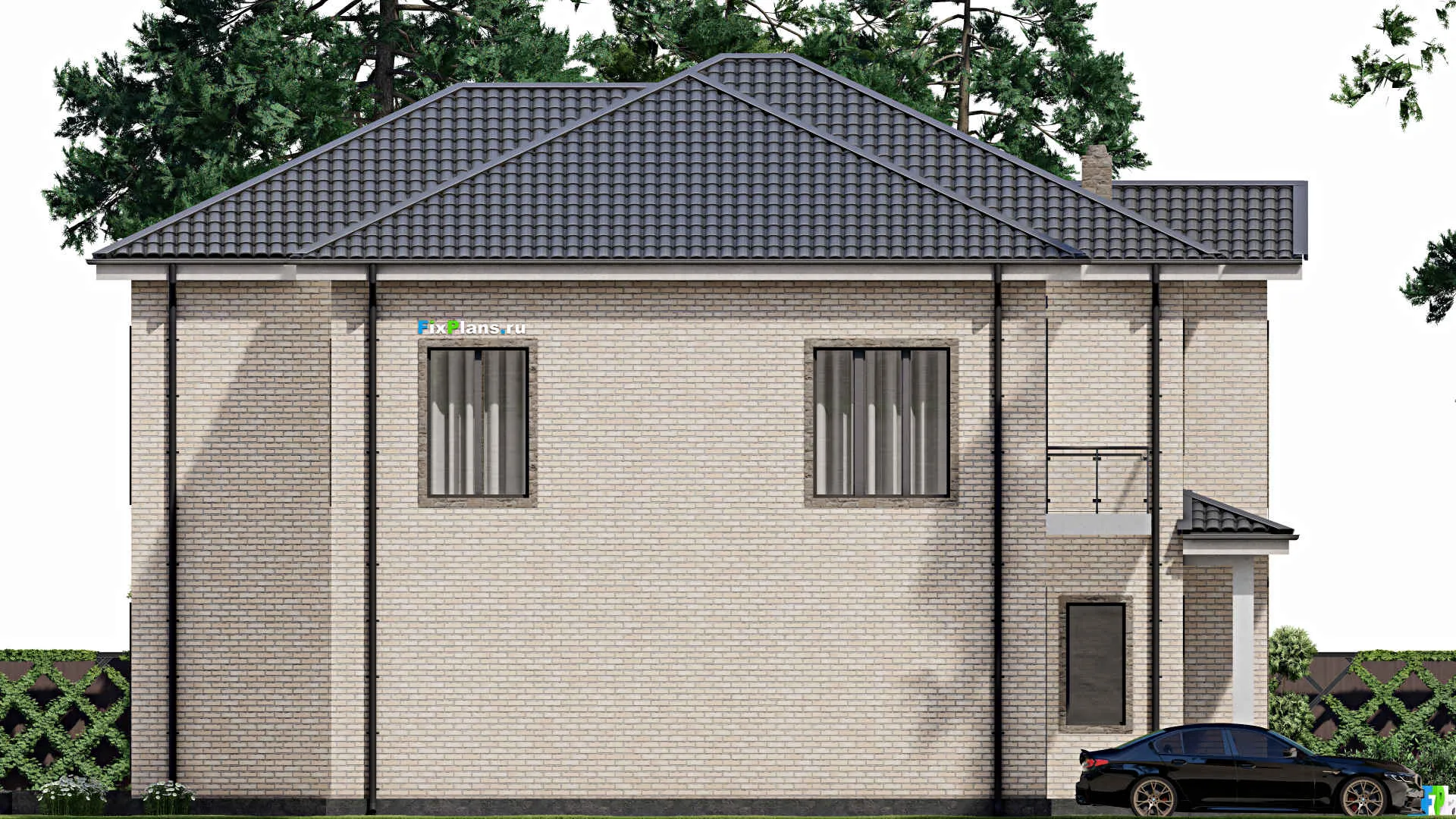 F-5507 - Проект двухэтажного дома 17 на 25, площадью 500 м² с террасой, балконом, гаражом на 2 машины и 4 спальнями