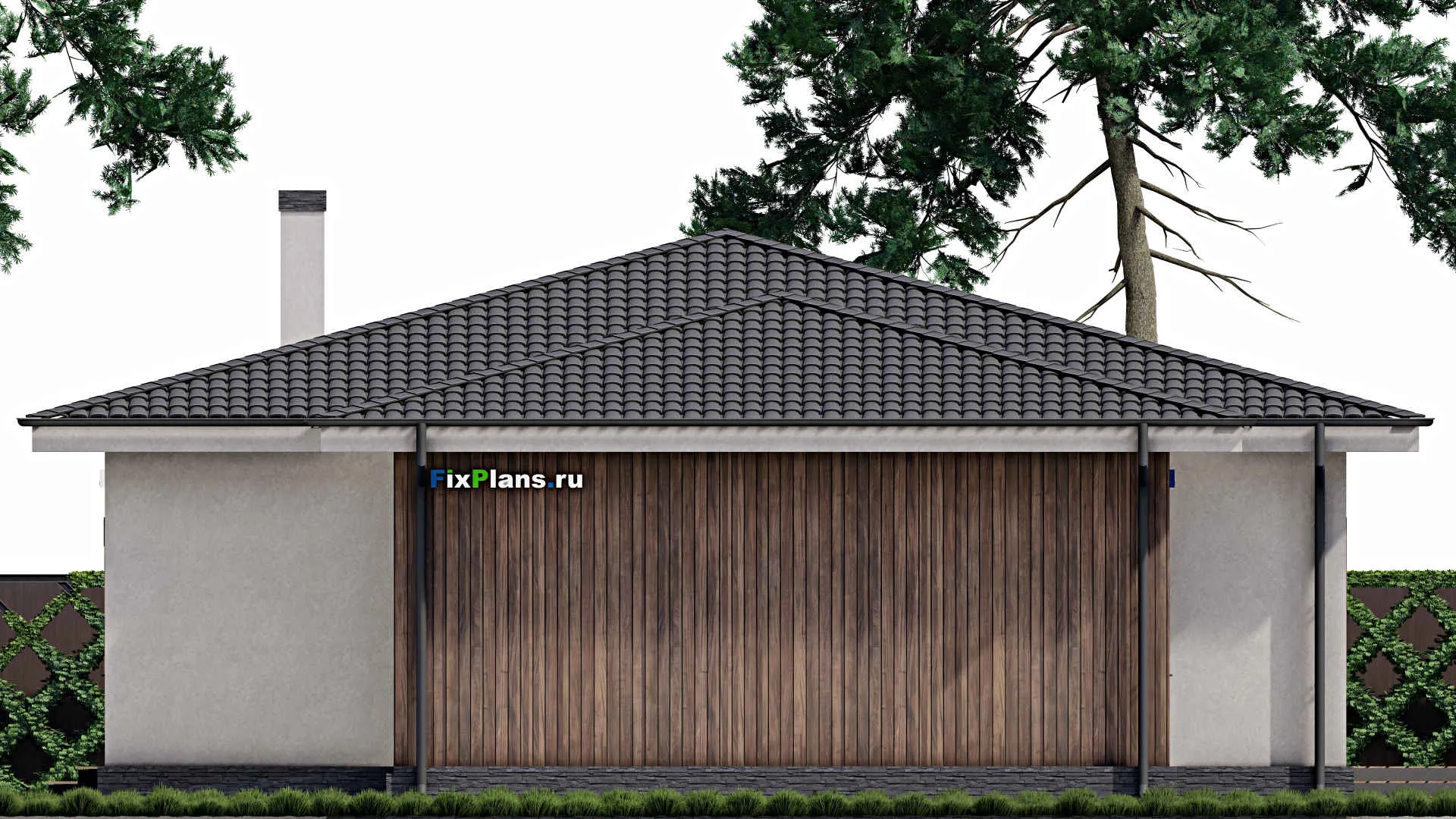 F-0350 - План одноэтажного дома 13 на 18, площадью 220 м² с террасой, гаражом на 1 машину и 3 спальнями