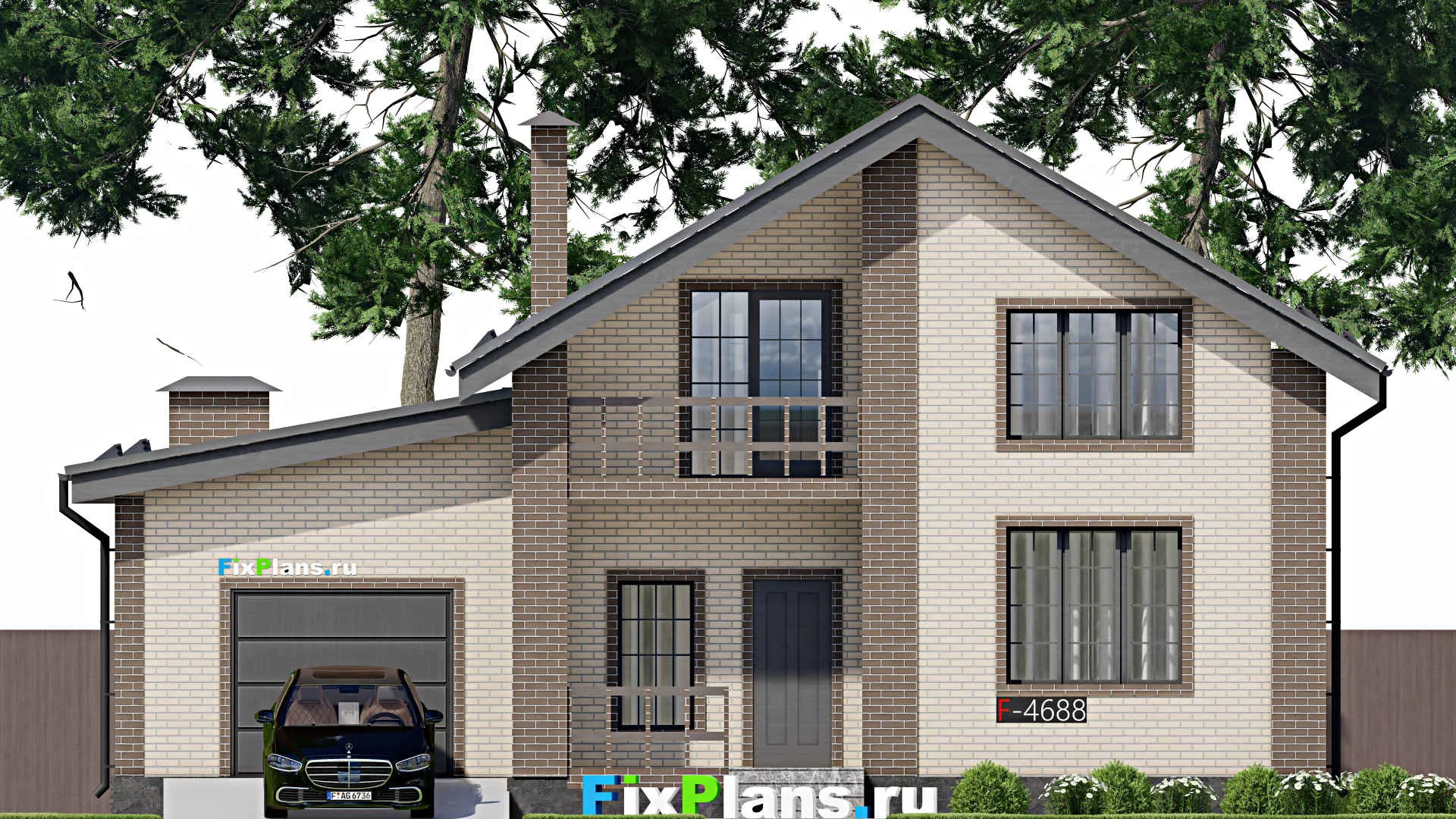 F-4688 - Проект дома с мансардой 12 на 14, площадью 200 м² с террасой, балконом, гаражом на 1 машину и 3 спальнями