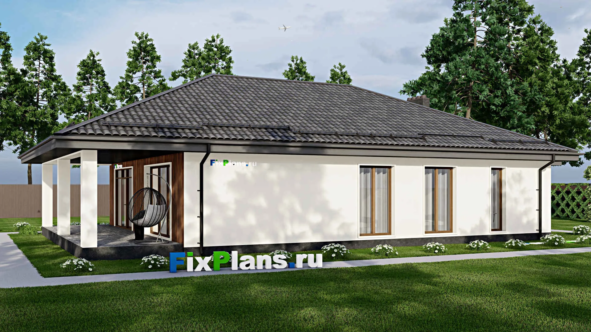 F-8630 - Проект одноэтажного дома 12 на 23, площадью 220 м² с террасой, гаражом на 1 машину и 3 спальнями