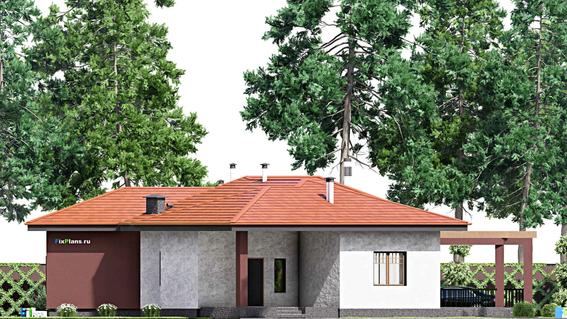 F-15209 - Проект одноэтажного дома 22 на 28, площадью 300 м² с террасой и 4 спальнями