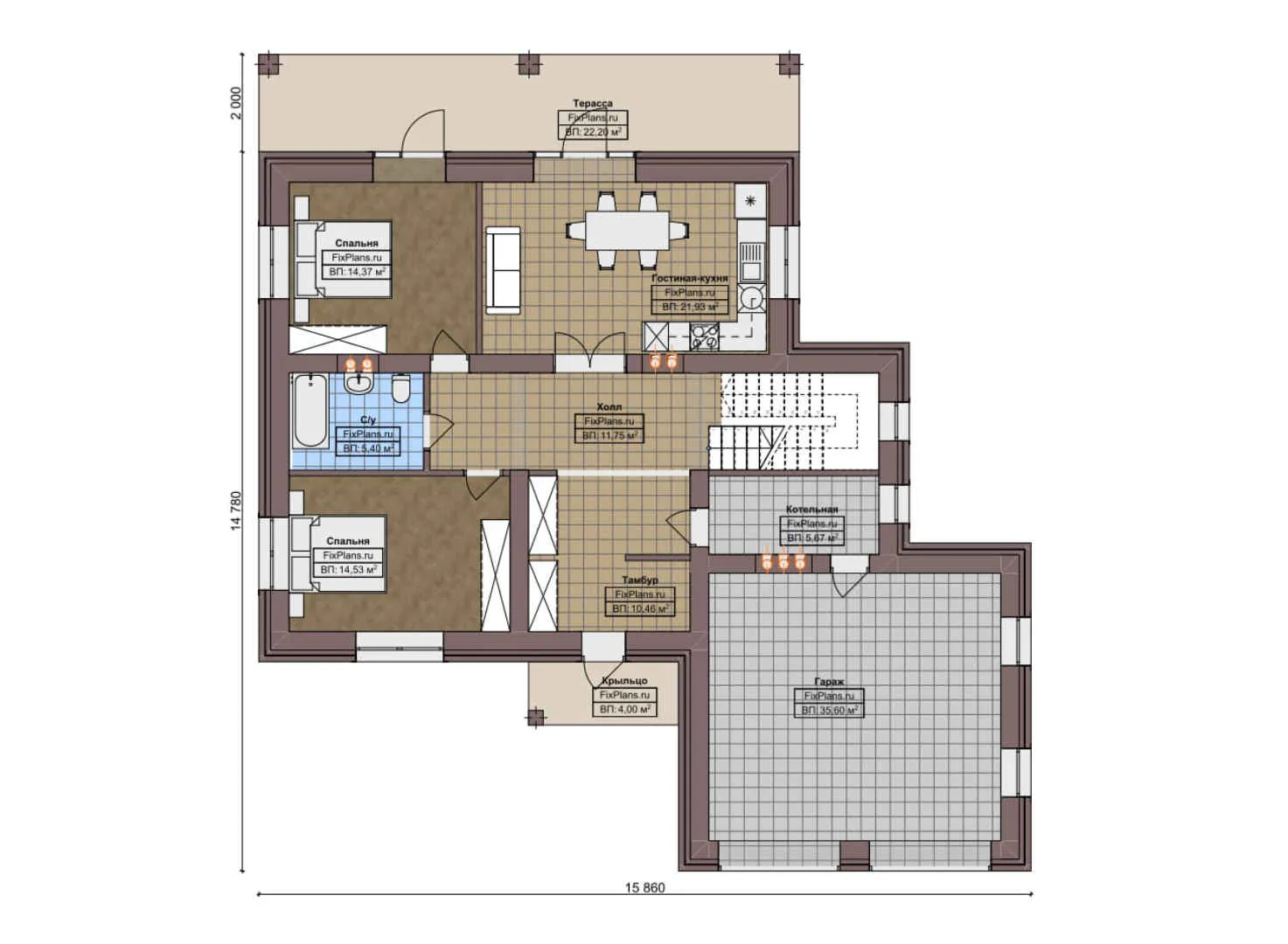 F-6407 - Планы дома с мансардой 15 на 16, площадью 260 м² с террасой, балконом, гаражом на 2 машины и 5 спальнями