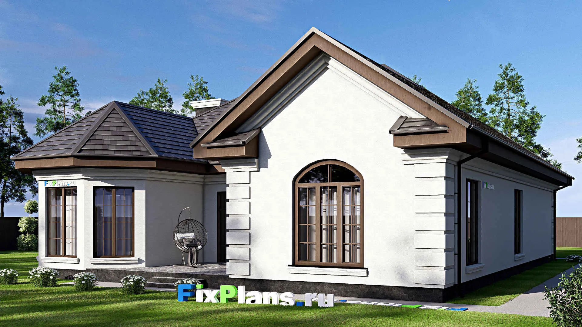 F-17558 - Проект одноэтажного дома 17 на 21, площадью 280 м² с террасой, гаражом на 2 машины и 3 спальнями