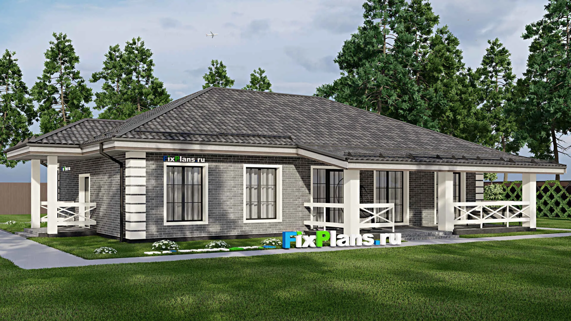 F-7154 - Проект одноэтажного дома 11 на 17, площадью 200 м² с террасой и 4 спальнями